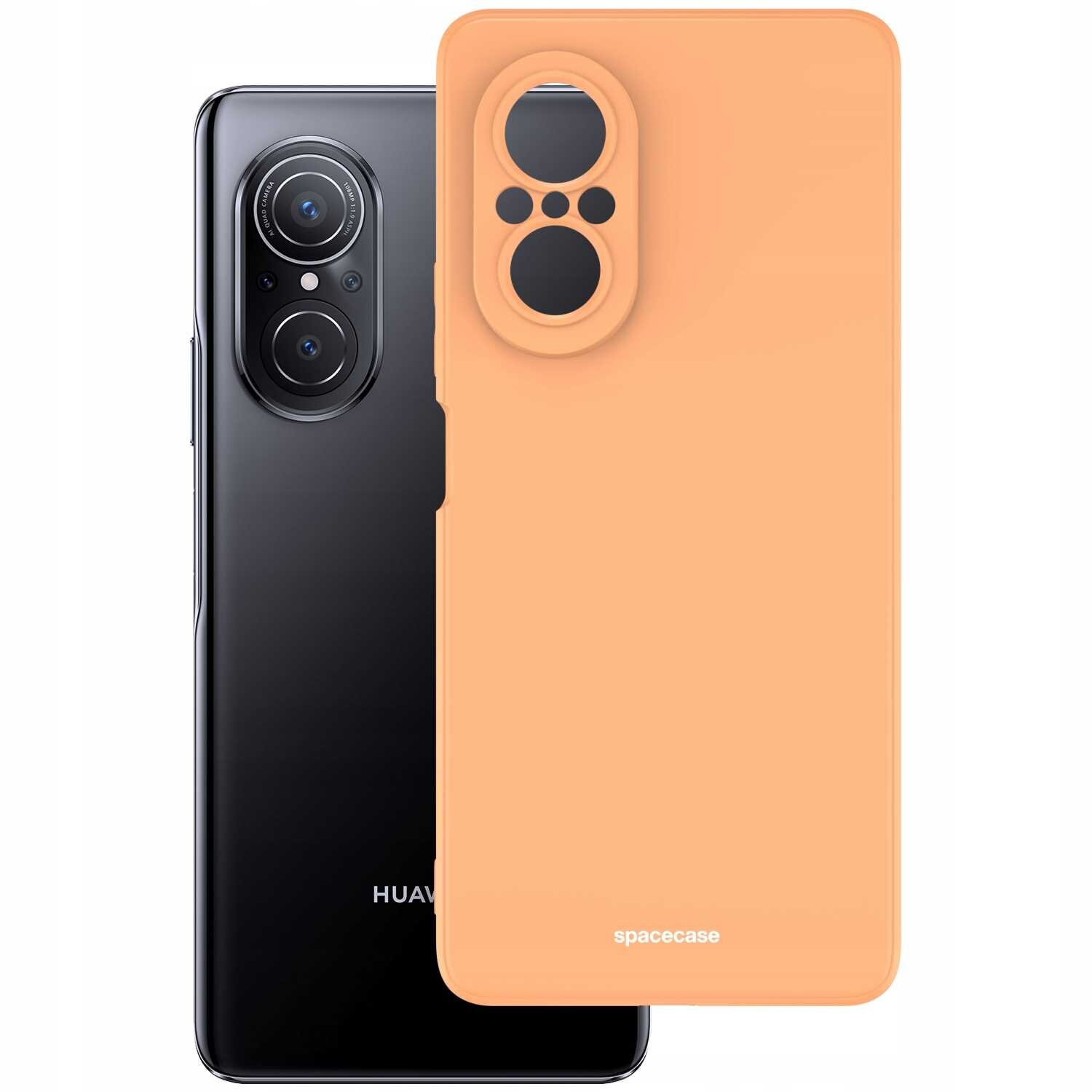 Obraz przedstawia czarny telefon Huawei z widocznymi trzema obiektywami aparatu oraz pomarańczowe silikonowe etui z wycięciami na aparat. Na etui znajduje się napis \'spacecase\'.