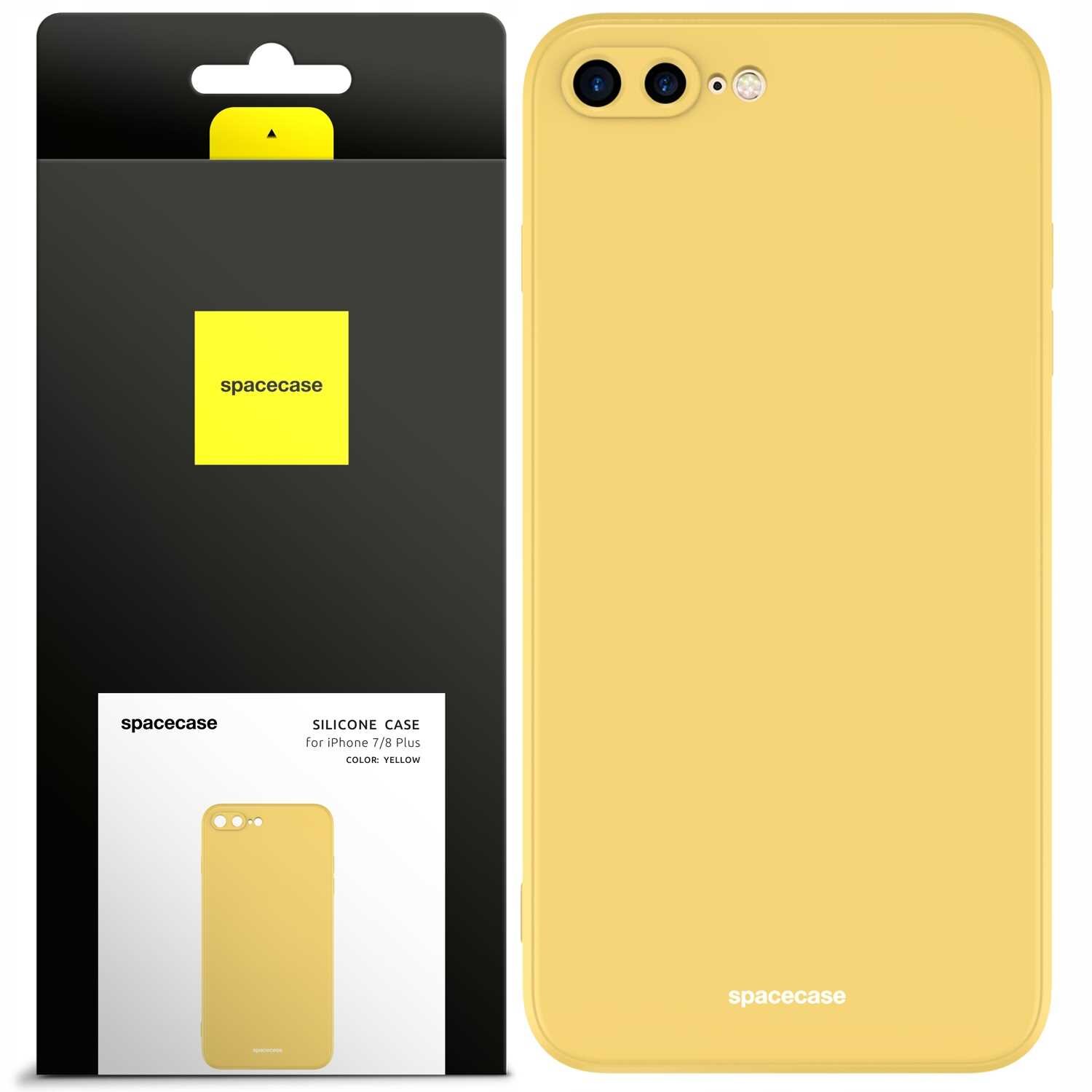 Obraz przedstawia żółte silikonowe etui na telefon iPhone 7/8 Plus oraz jego opakowanie z logo \'spacecase\'. Na opakowaniu widnieje napis \'SILICONE CASE for iPhone 7/8 Plus COLOR: YELLOW\'.