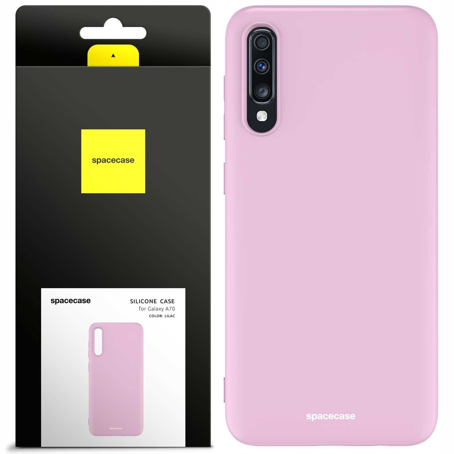 Różowe silikonowe etui na telefon z trzema wycięciami na aparat. Opakowanie z logo \'spacecase\' i napisem \'SILICONE CASE for Galaxy A70 COLOR: LILAC\'.