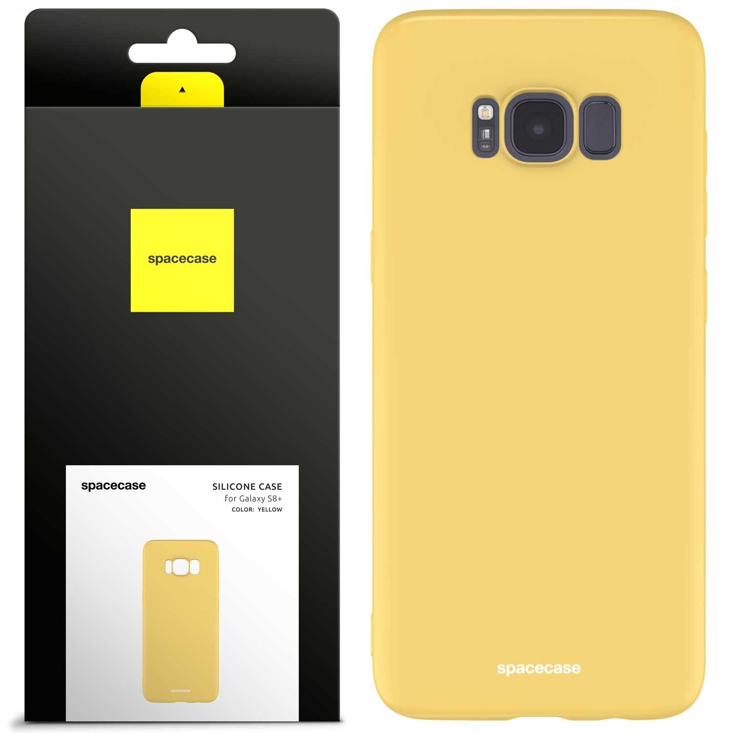Obraz przedstawia żółte silikonowe etui na telefon z napisem \'spacecase\'. Obok znajduje się opakowanie z logo \'spacecase\' i opisem \'SILICONE CASE for Galaxy S8+ COLOR: YELLOW\'.