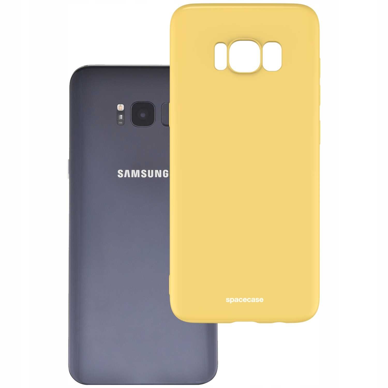 Na obrazie widoczne jest żółte silikonowe etui z napisem \'spacecase\', obok którego znajduje się smartfon z logo \'SAMSUNG\'.