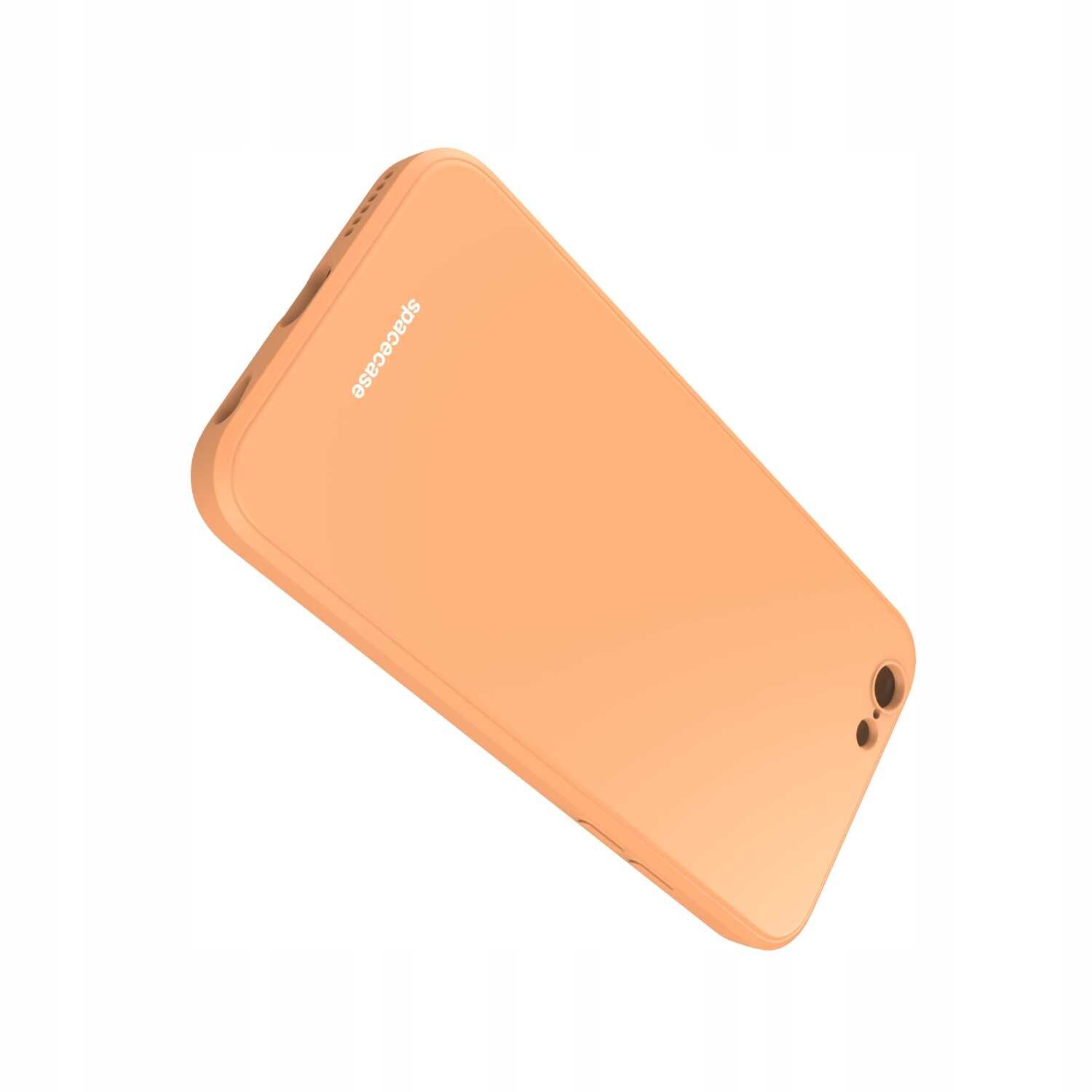 Pomarańczowe silikonowe etui na telefon z widocznym logo \'spacecase\'.