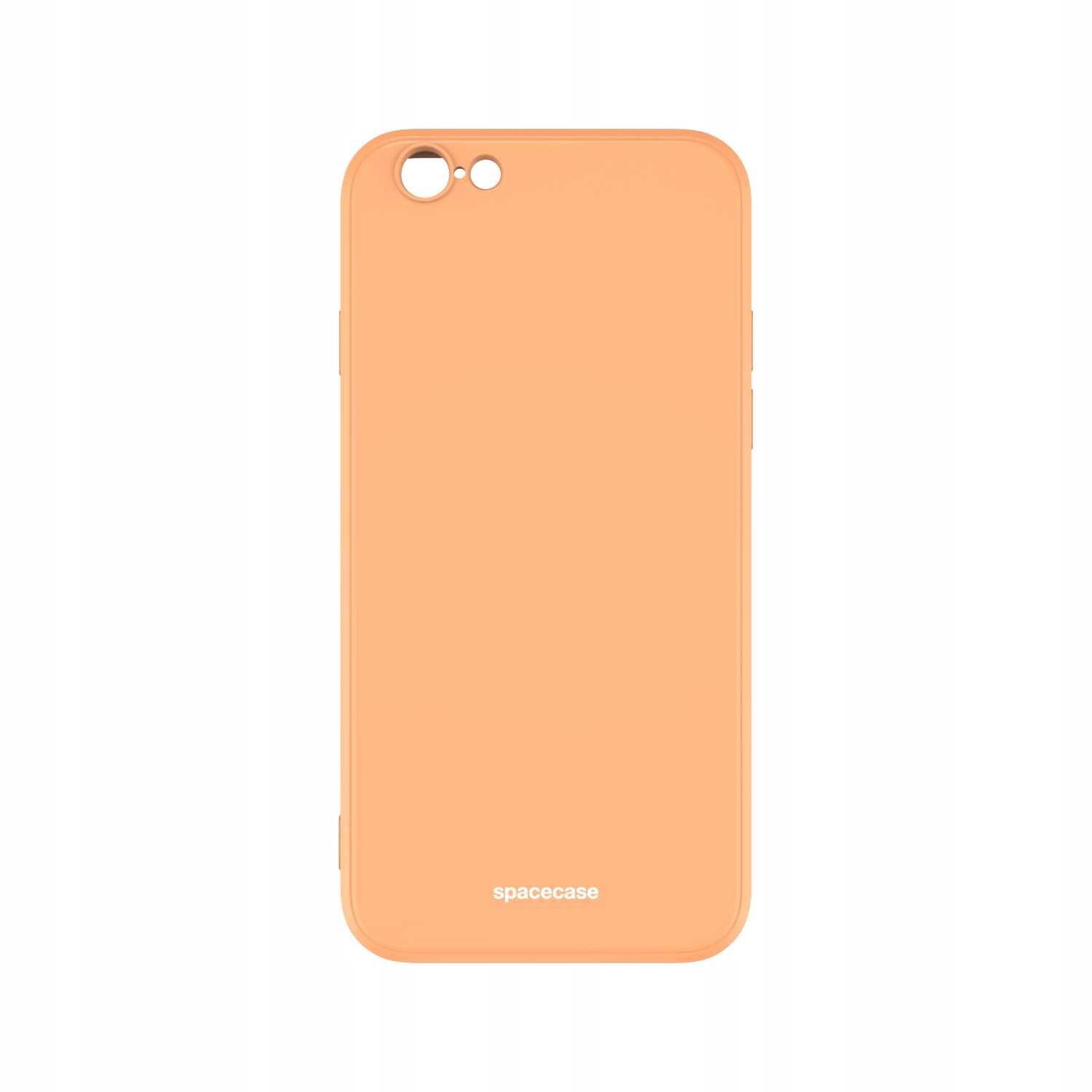 Pomarańczowe silikonowe etui z wycięciami na aparat i logo \'spacecase\' na dole.