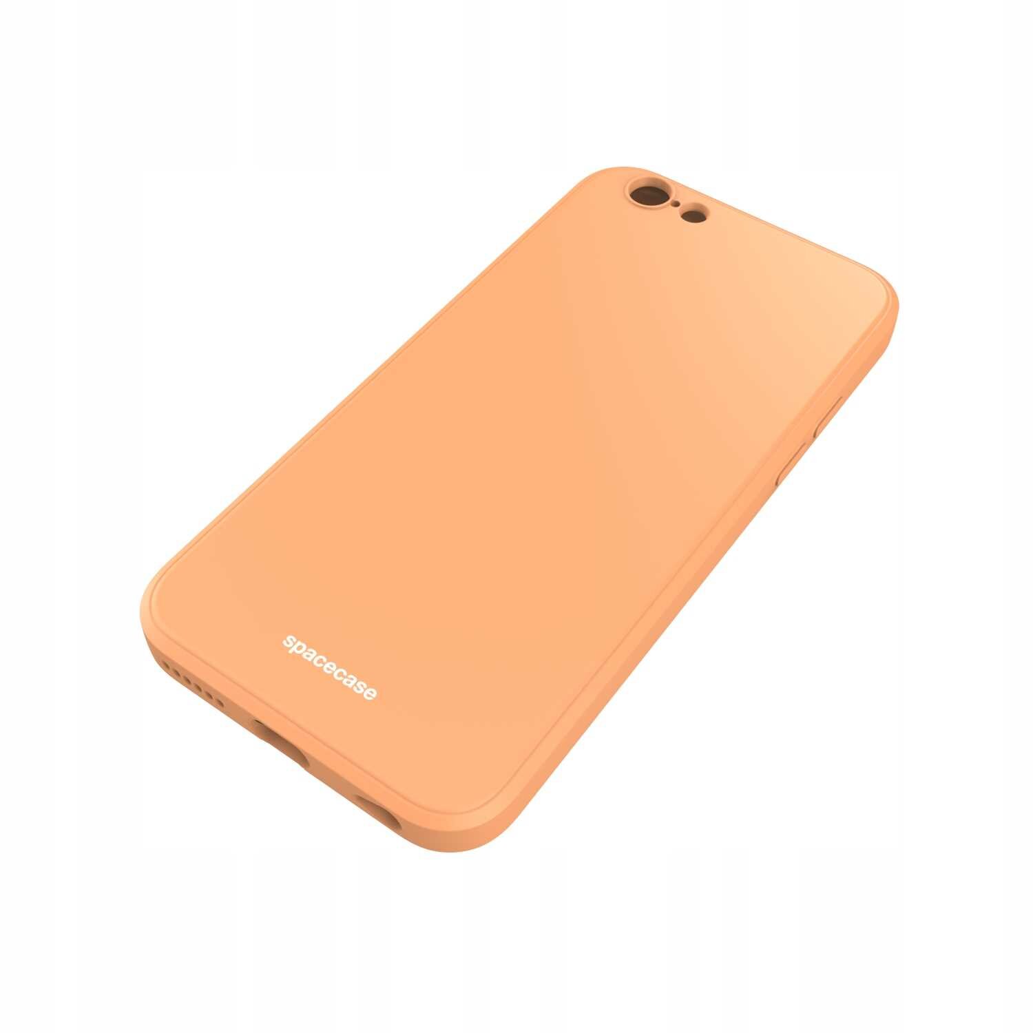 Pomarańczowe silikonowe etui na telefon z widocznym logo \'spacecase\'.