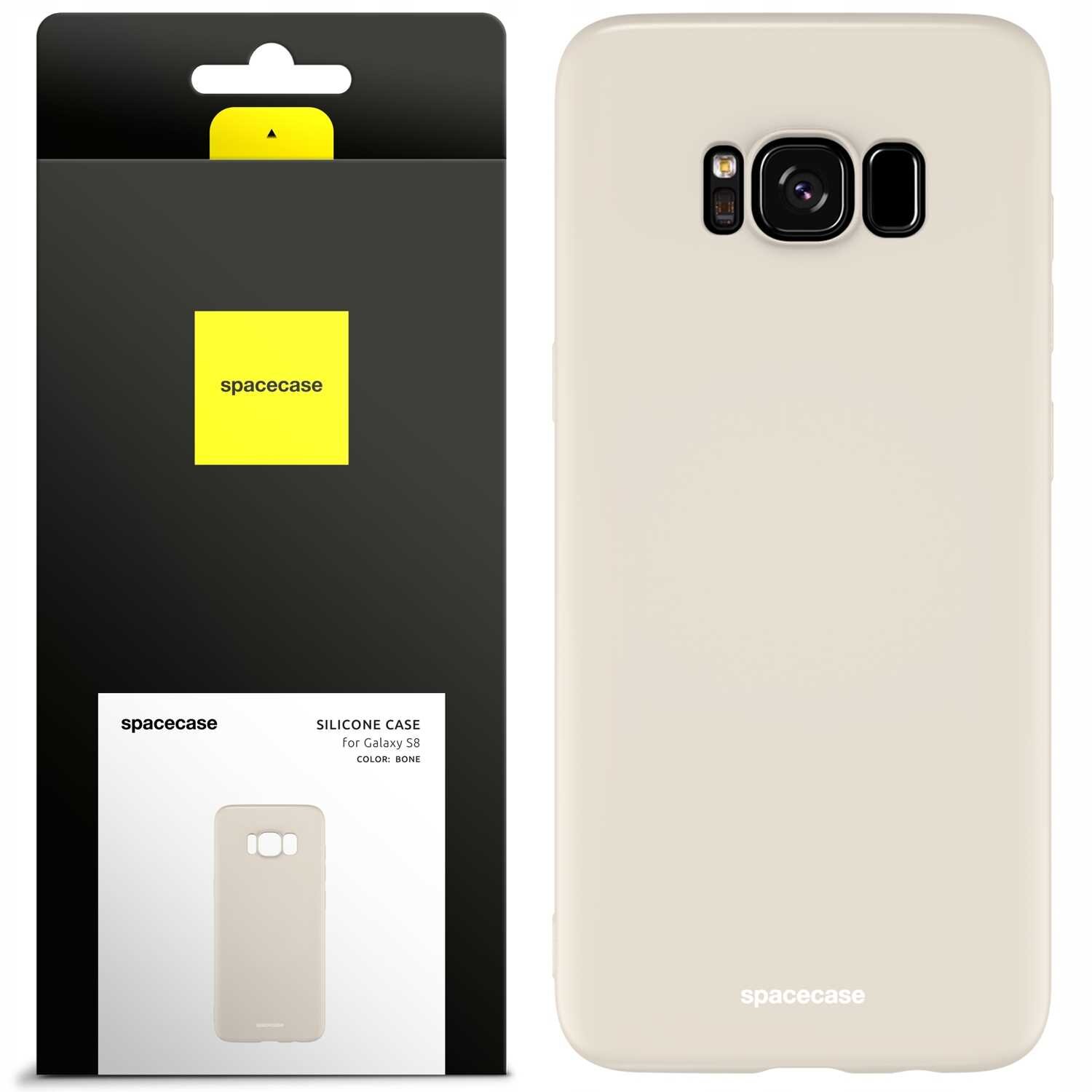 Obraz przedstawia beżowe silikonowe etui na telefon Galaxy S8 oraz jego opakowanie. Na opakowaniu widnieje napis \'spacecase\' oraz \'SILICONE CASE for Galaxy S8 COLOR: BONE\'.