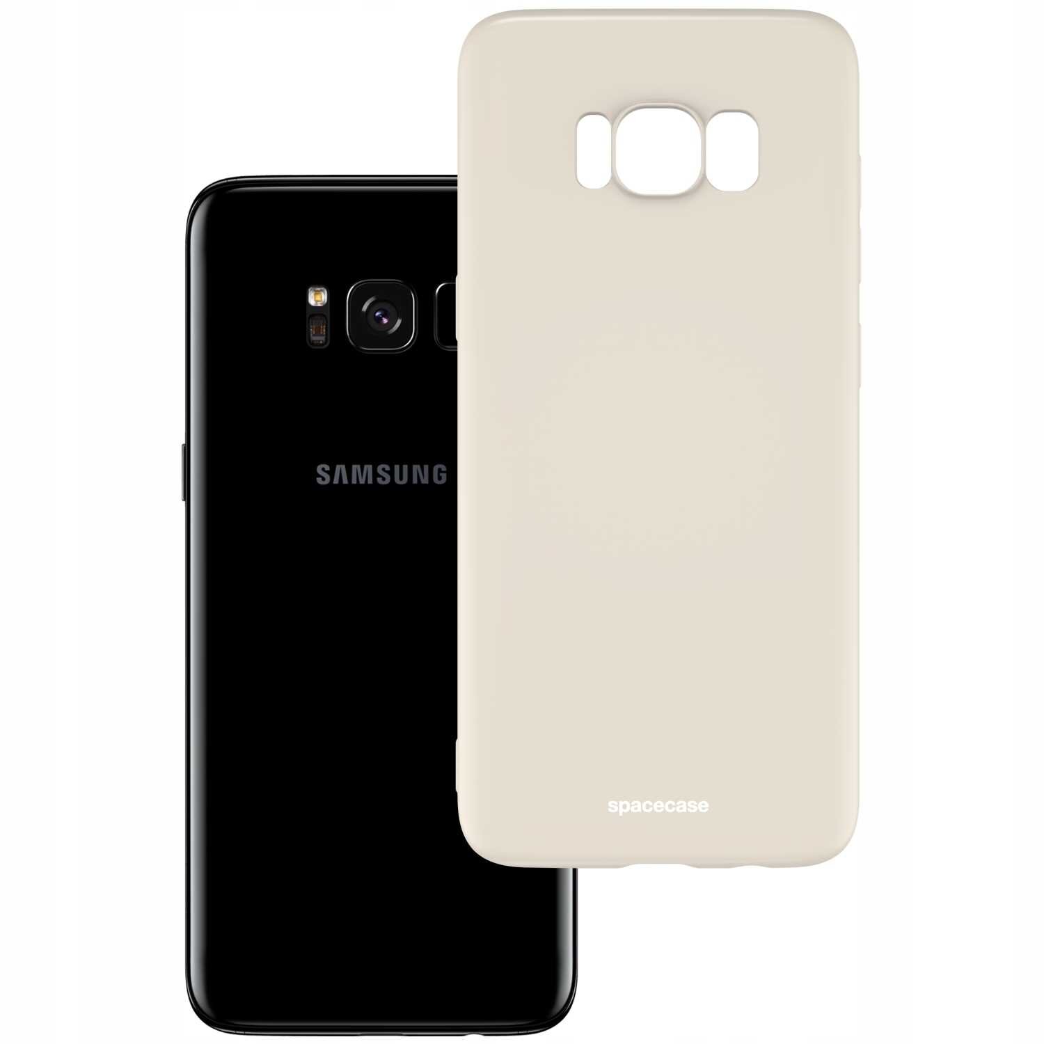 Na obrazie widoczny jest czarny smartfon z logo \'SAMSUNG\' oraz beżowe silikonowe etui z napisem \'spacecase\'.