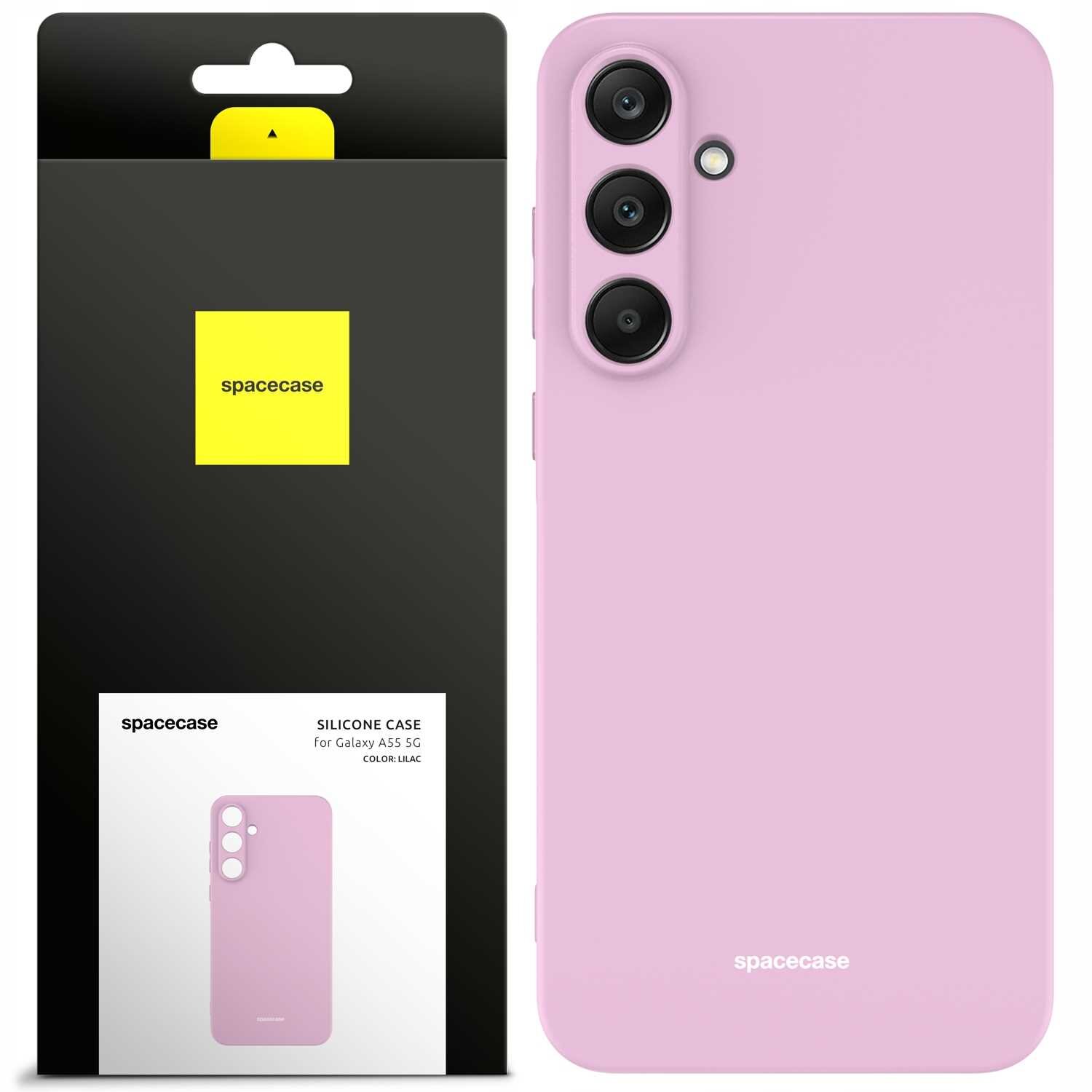 Różowe silikonowe etui na telefon z trzema otworami na aparaty. Opakowanie z logo \'spacecase\' i napisem \'SILICONE CASE for Galaxy A55 5G COLOR: LILAC\'.