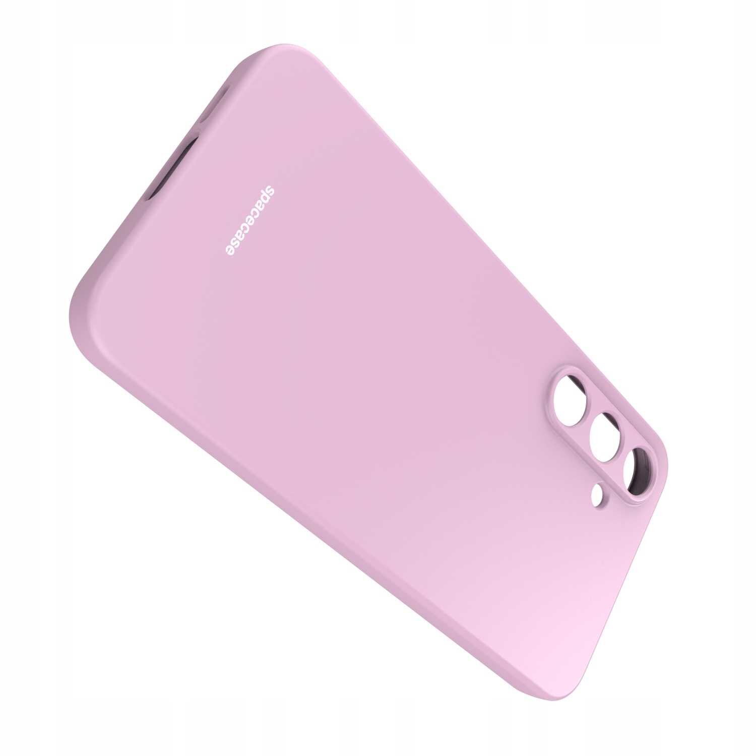 Różowe silikonowe etui z wycięciami na aparat i logo \'spacecase\' na powierzchni. Etui jest przeznaczone do telefonu Galaxy A55 5G.