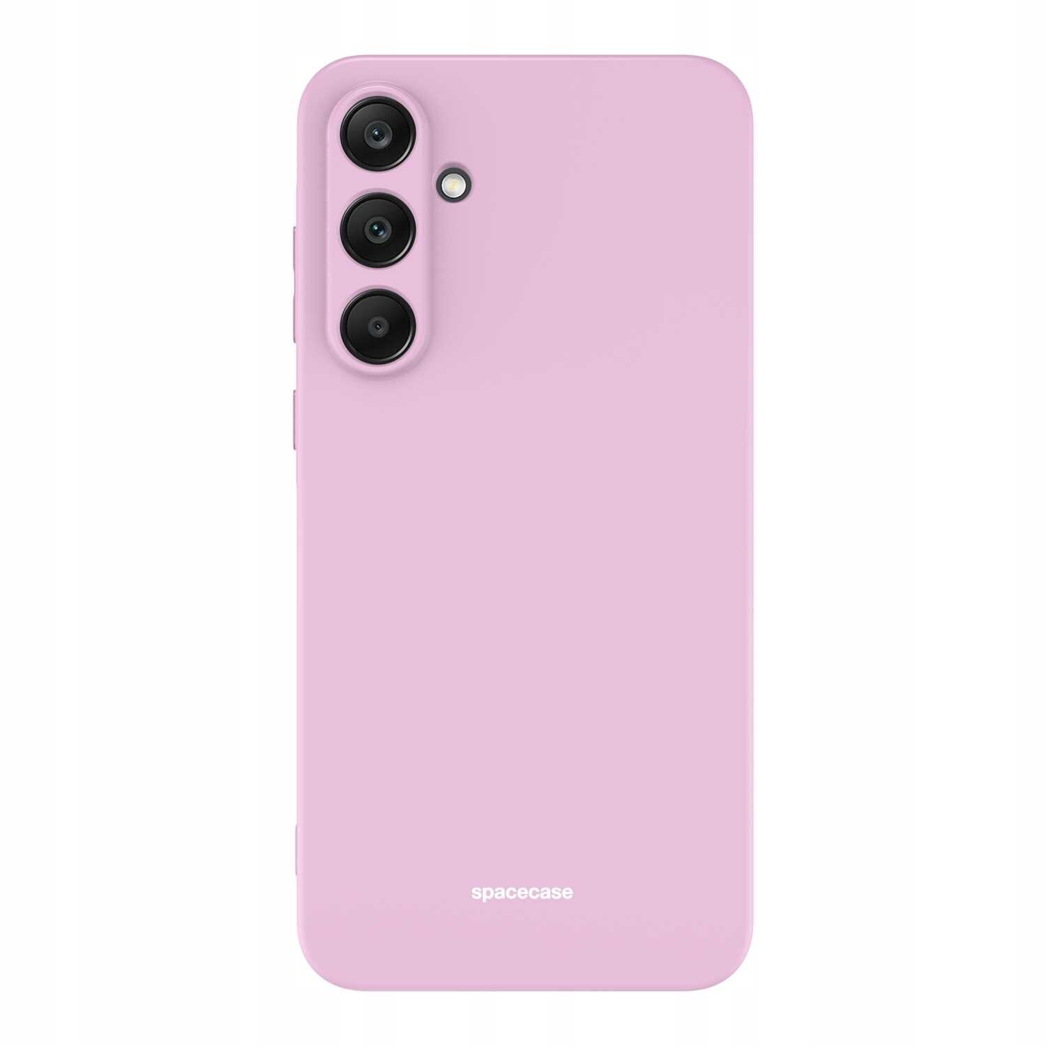 Różowe silikonowe etui na telefon z trzema otworami na aparaty i jednym na lampę błyskową. Na dole widoczny jest napis \'spacecase\'.