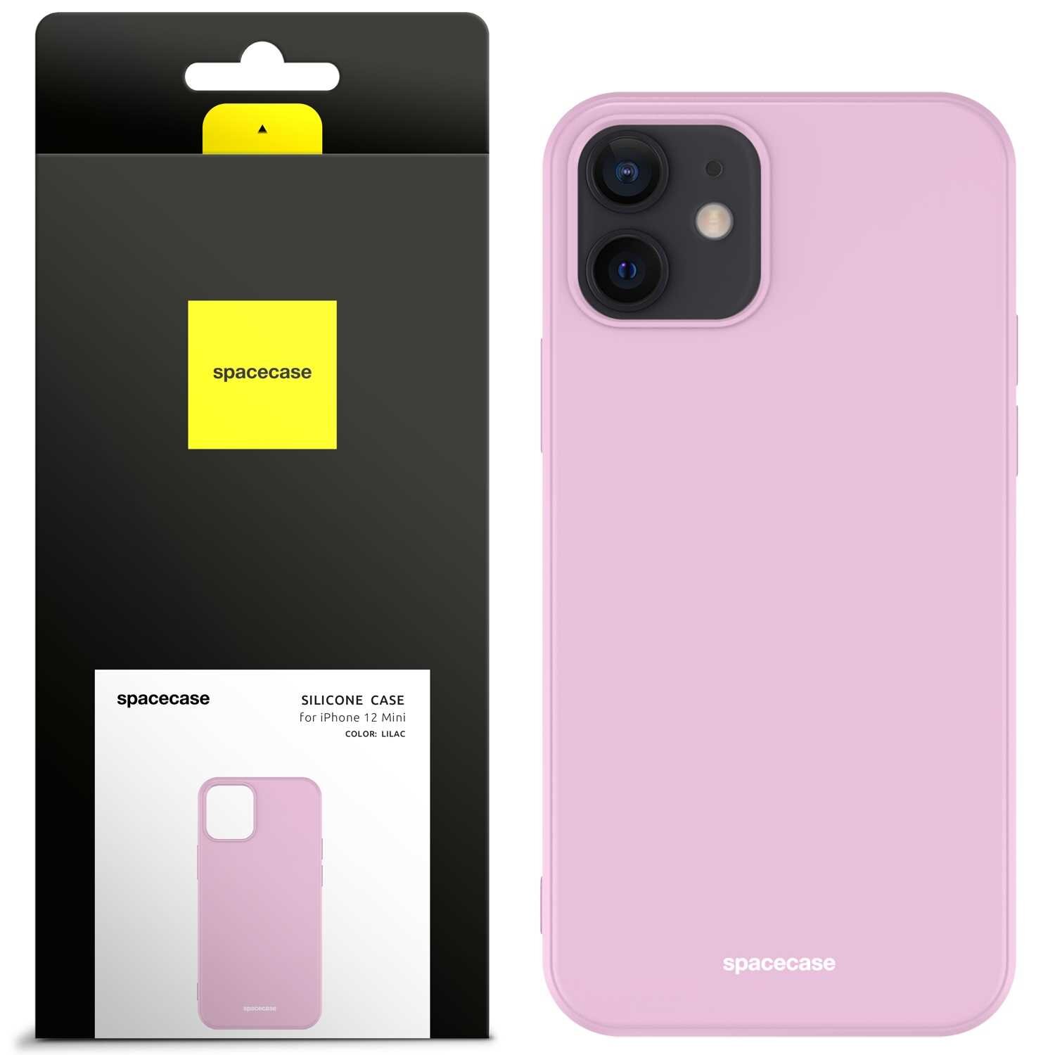 Różowe silikonowe etui na iPhone 12 Mini obok opakowania z logo \'spacecase\'.