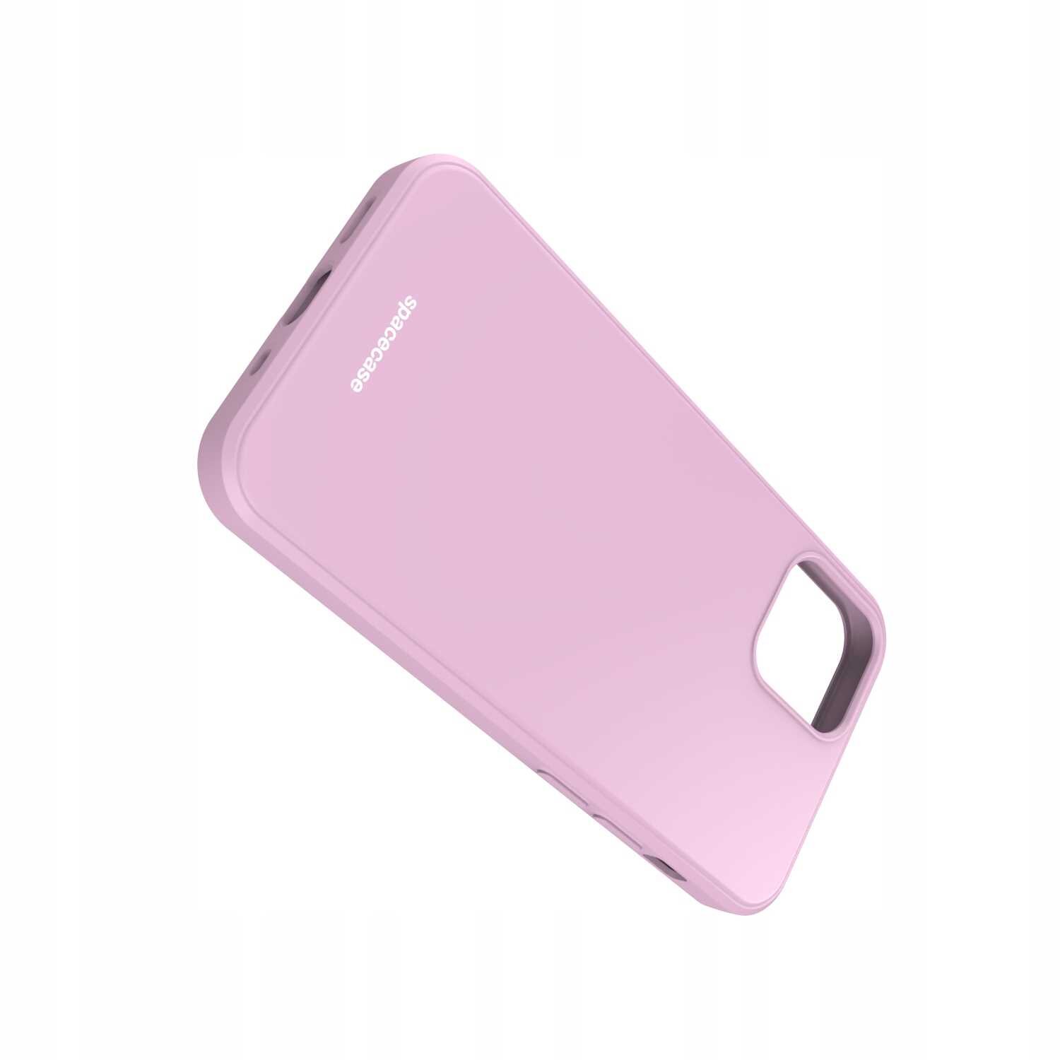 Różowe silikonowe etui na telefon z wycięciem na aparat i logo \'spacecase\'.