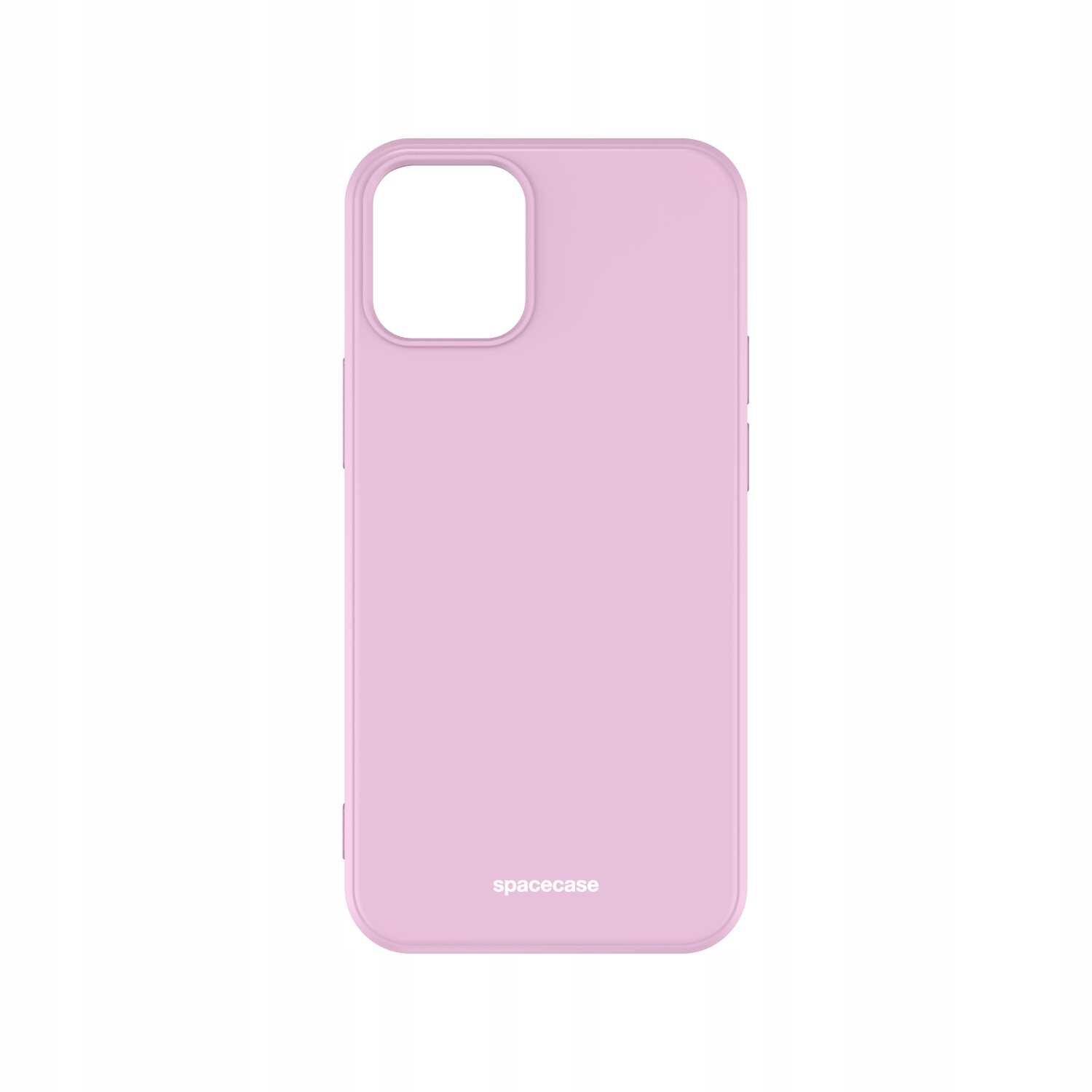 Różowe silikonowe etui na telefon z wycięciem na aparat. Na dole widoczny jest napis \'spacecase\'.