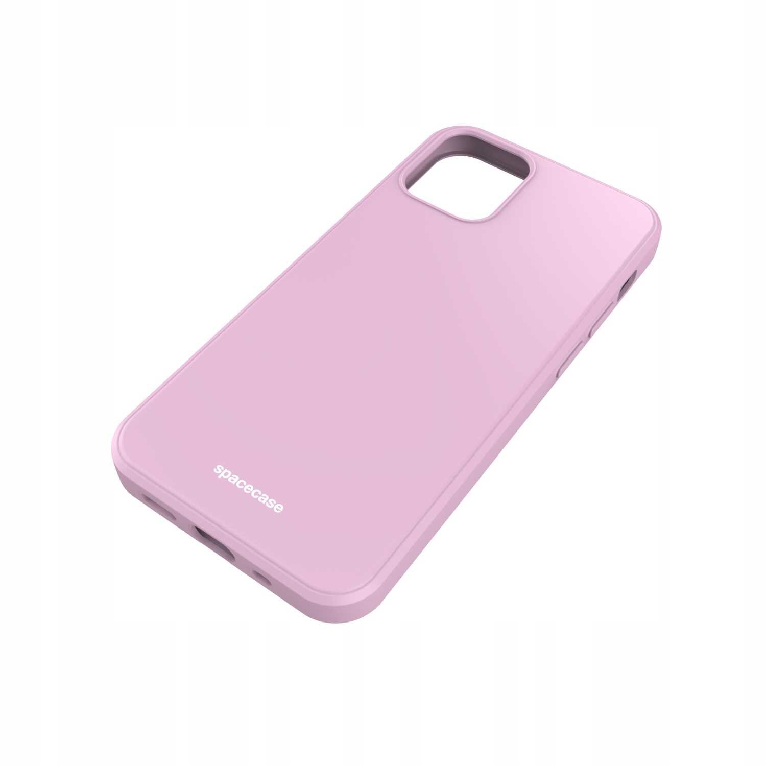 Różowe silikonowe etui na telefon z wycięciem na aparat i logo \'spacecase\' na dole.