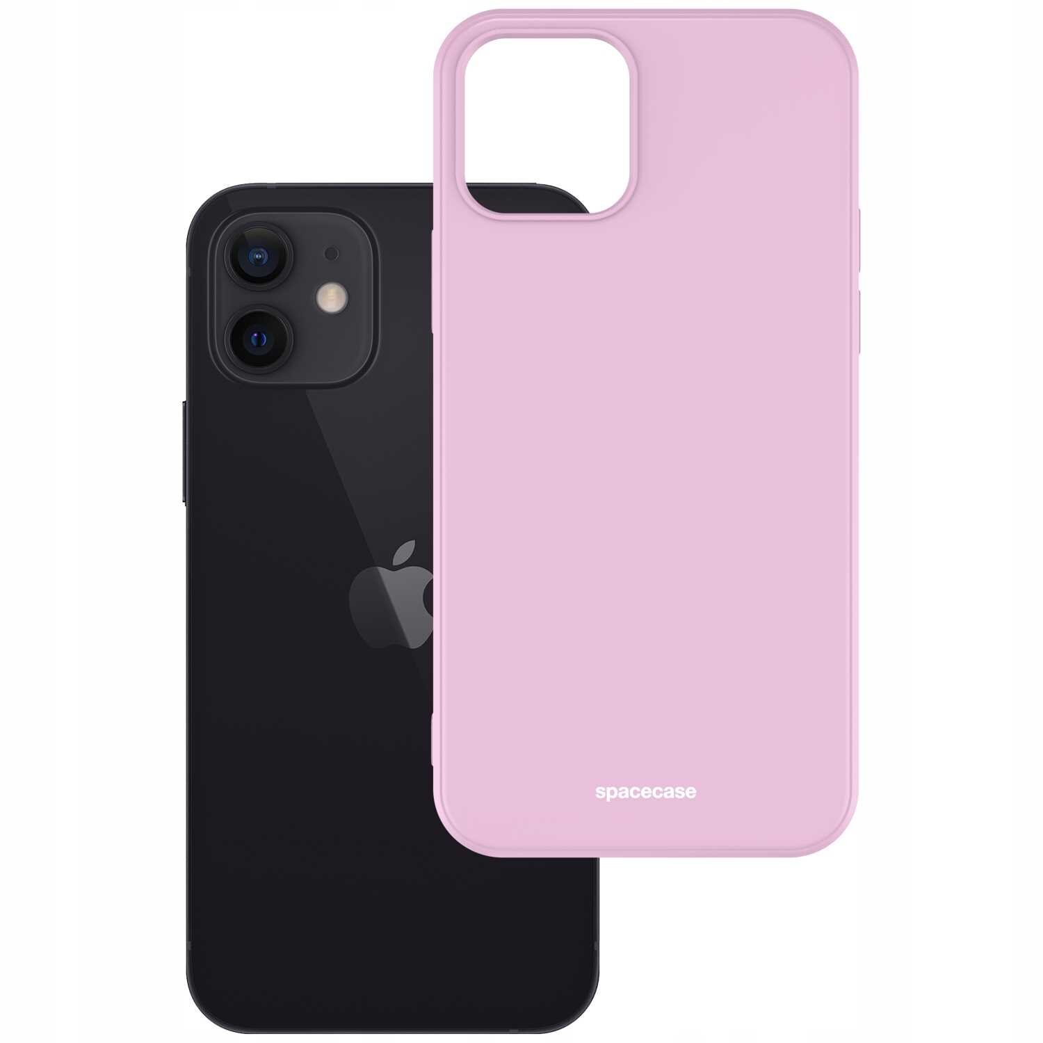 Na obrazie widoczne jest różowe silikonowe etui z napisem \'spacecase\' oraz czarny smartfon z logo w kształcie nadgryzionego jabłka.