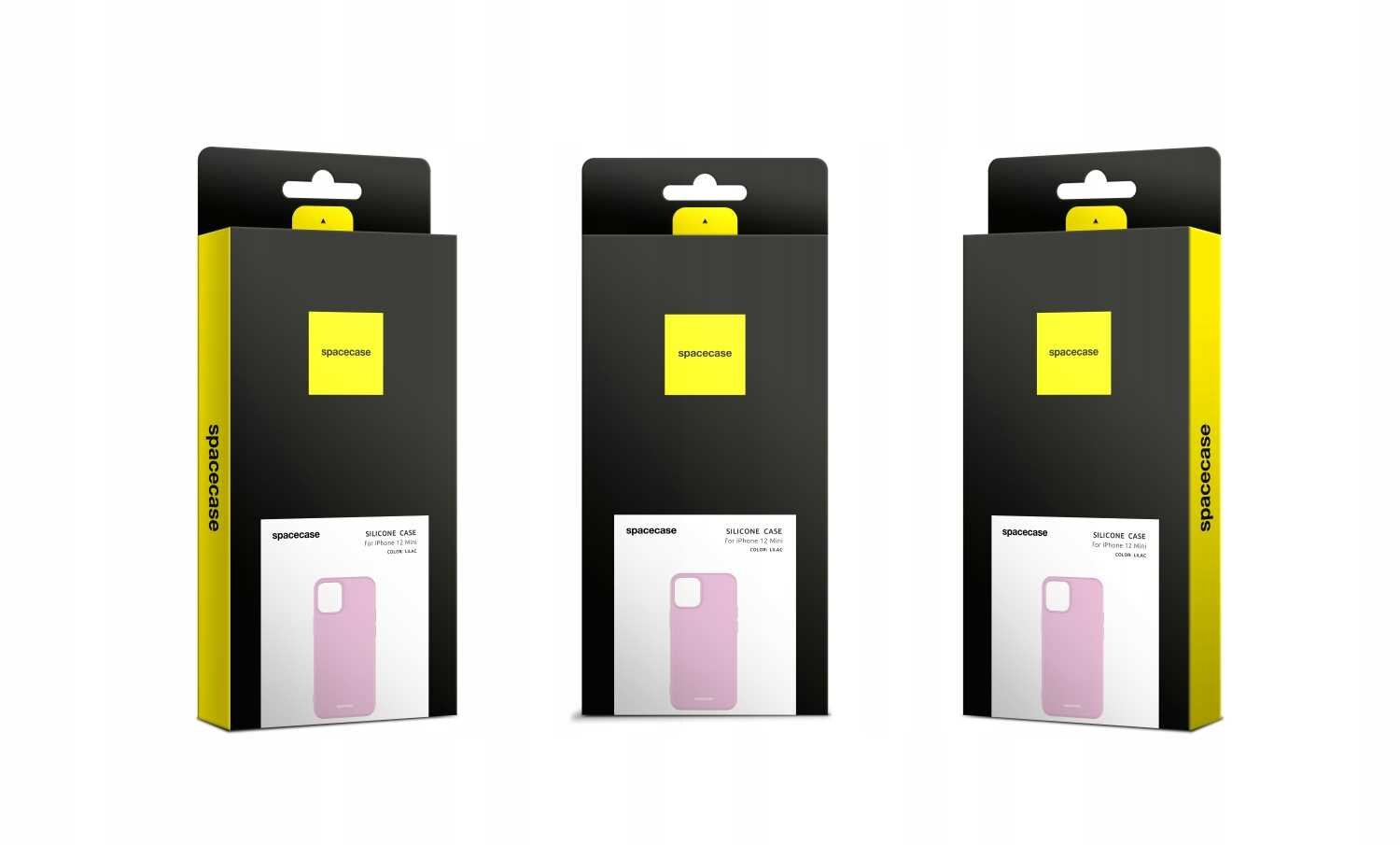 Trzy opakowania produktu SPACECASE Silicone Case do iPhone 14 Pro w kolorze różowym. Opakowania są czarne z żółtym logo \'spacecase\' i zdjęciem różowego etui na dole.