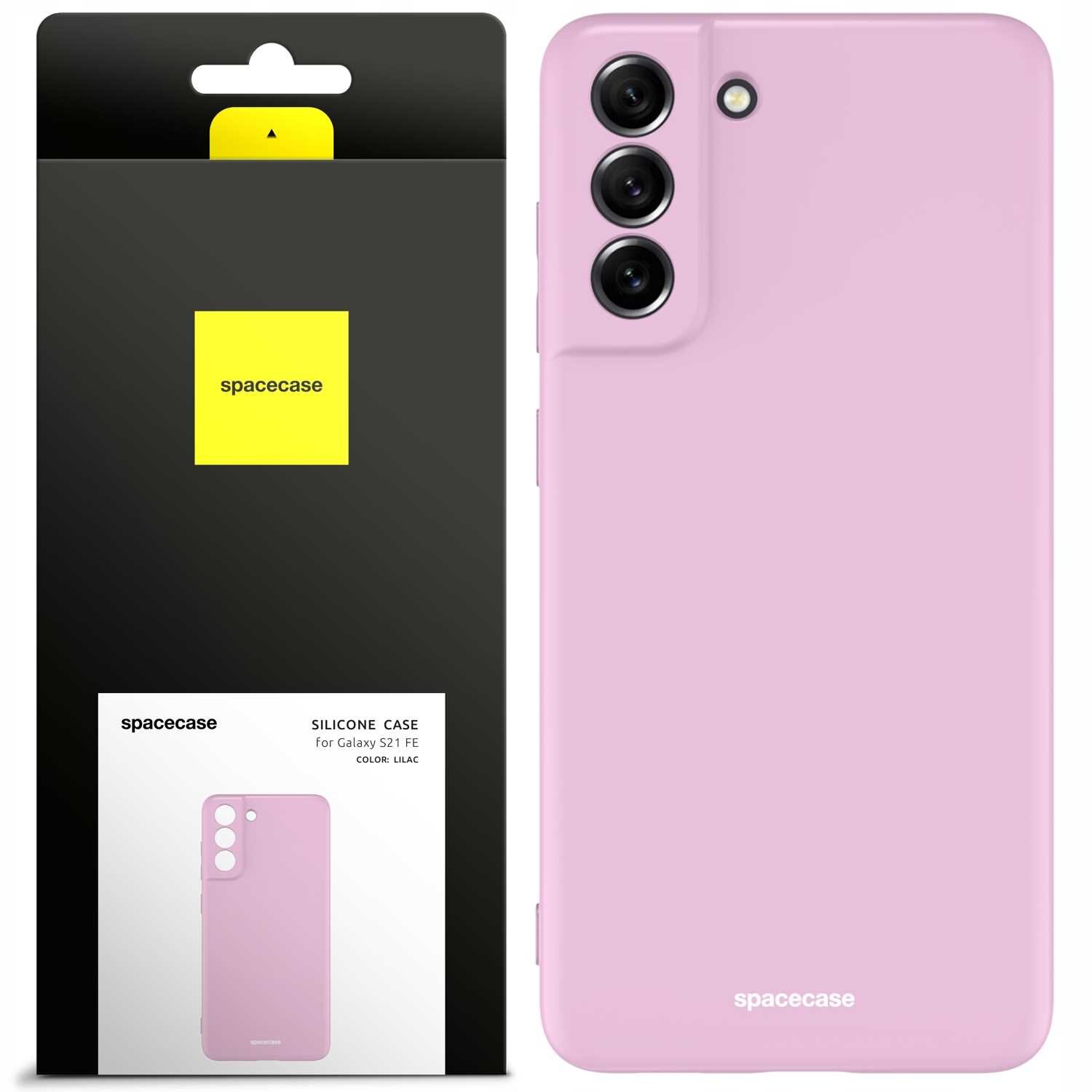 Obraz przedstawia różowe silikonowe etui na telefon z trzema otworami na aparaty. Opakowanie produktu ma czarną i żółtą kolorystykę z napisem \'spacecase\'.