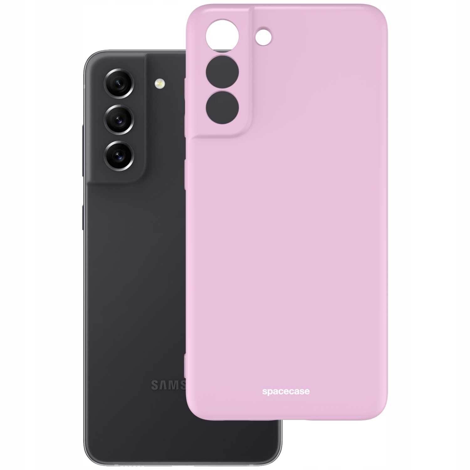 Na obrazie widoczne jest różowe silikonowe etui na telefon z wycięciami na aparat i logo \'spacecase\'. Obok znajduje się czarny telefon z trzema obiektywami aparatu.