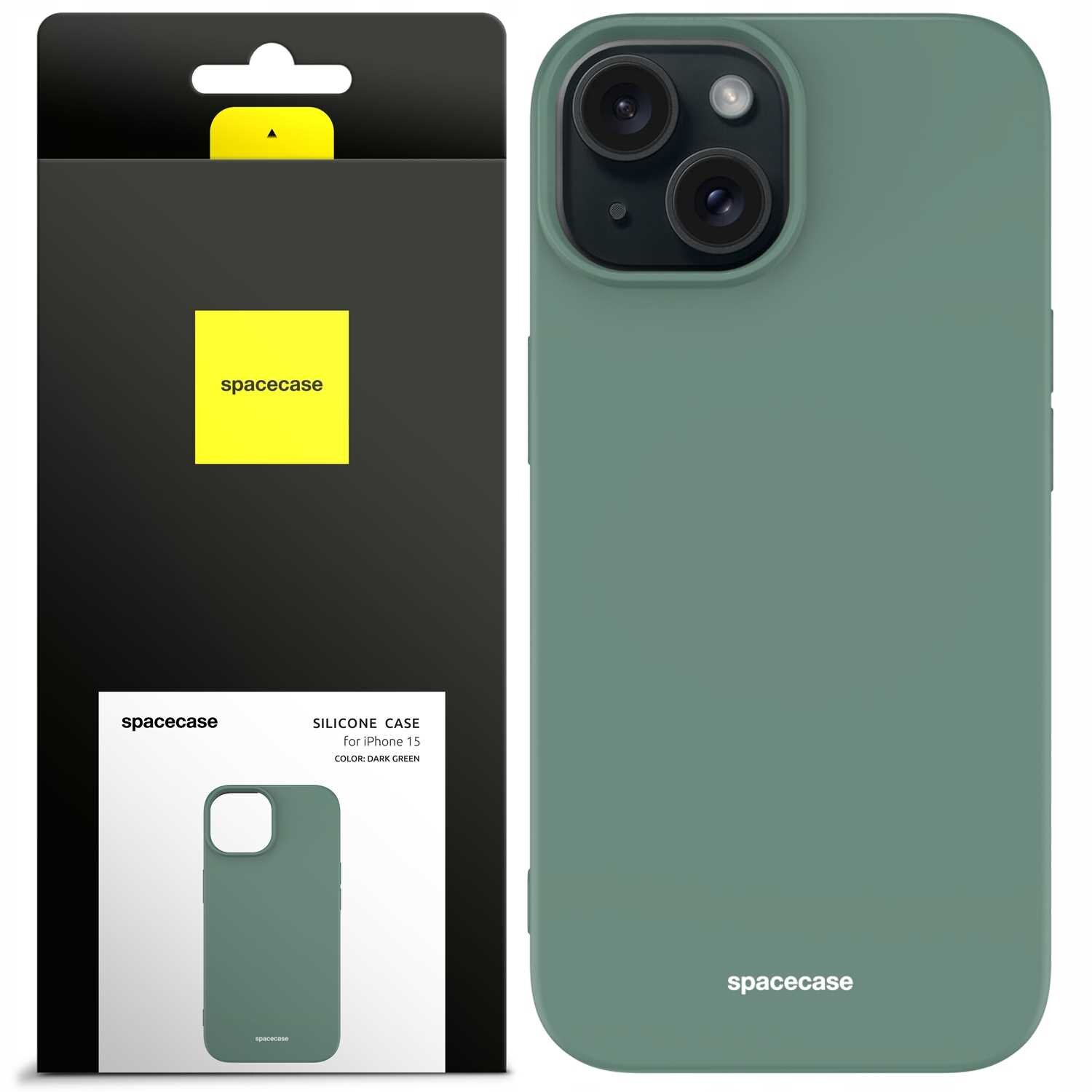 Obraz przedstawia zielone silikonowe etui na telefon z dwoma otworami na aparat. Opakowanie produktu zawiera logo \'spacecase\' oraz napis \'SILICONE CASE for iPhone 15 COLOR: DARK GREEN\'.