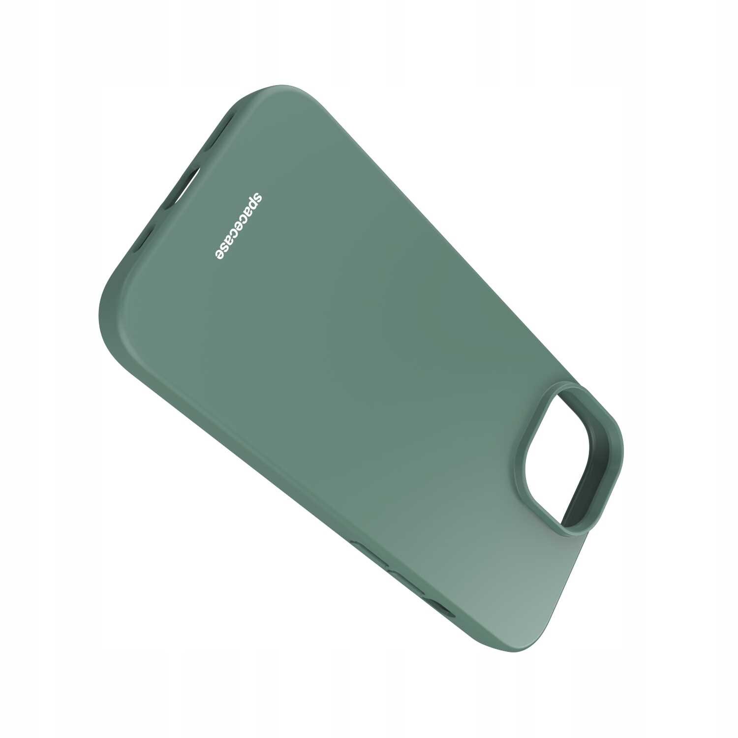 Zielone silikonowe etui z wycięciem na aparat, z widocznym logo \'spacecase\'.