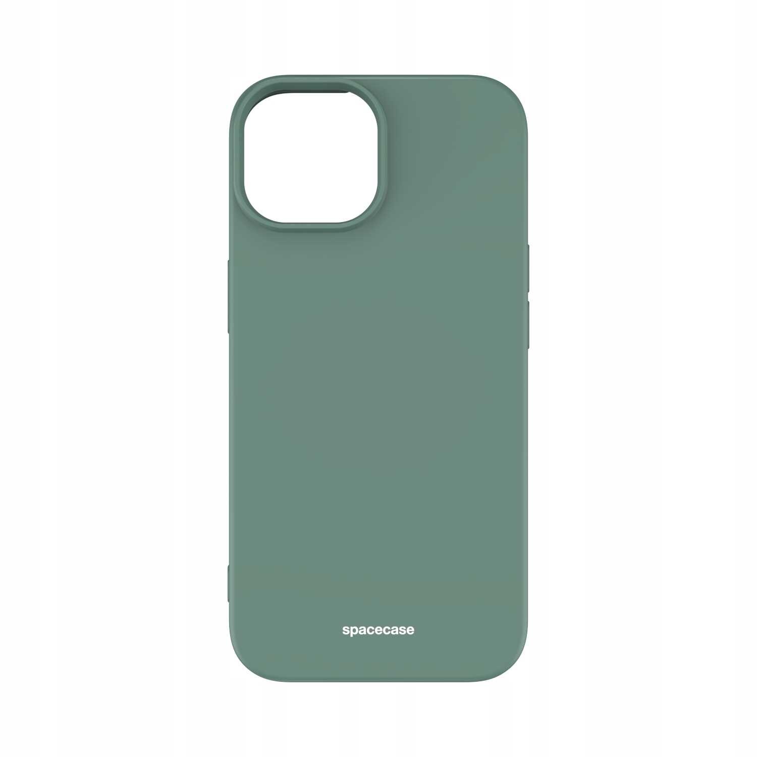 Zielone silikonowe etui z wycięciem na aparat, z napisem \'spacecase\' na dole.