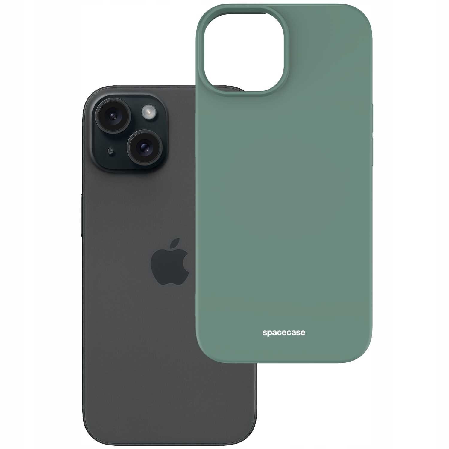 Na obrazie widoczny jest zielony silikonowy case z napisem \'spacecase\' oraz smartfon z logo jabłka i dwoma obiektywami aparatu.
