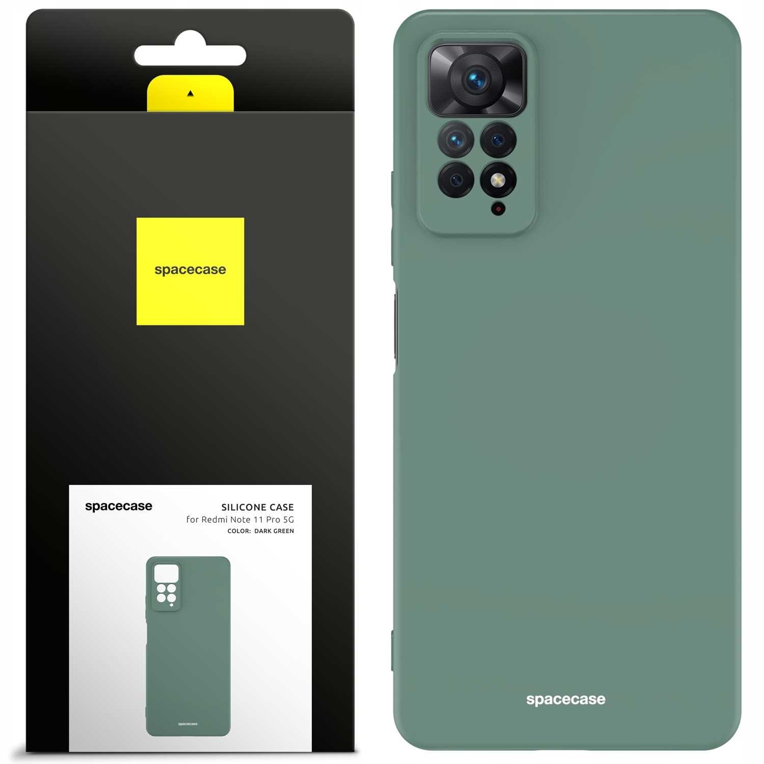 Obraz przedstawia zielone silikonowe etui na telefon z wycięciem na aparat. Opakowanie produktu ma czarną i żółtą kolorystykę z napisem \'spacecase\'.