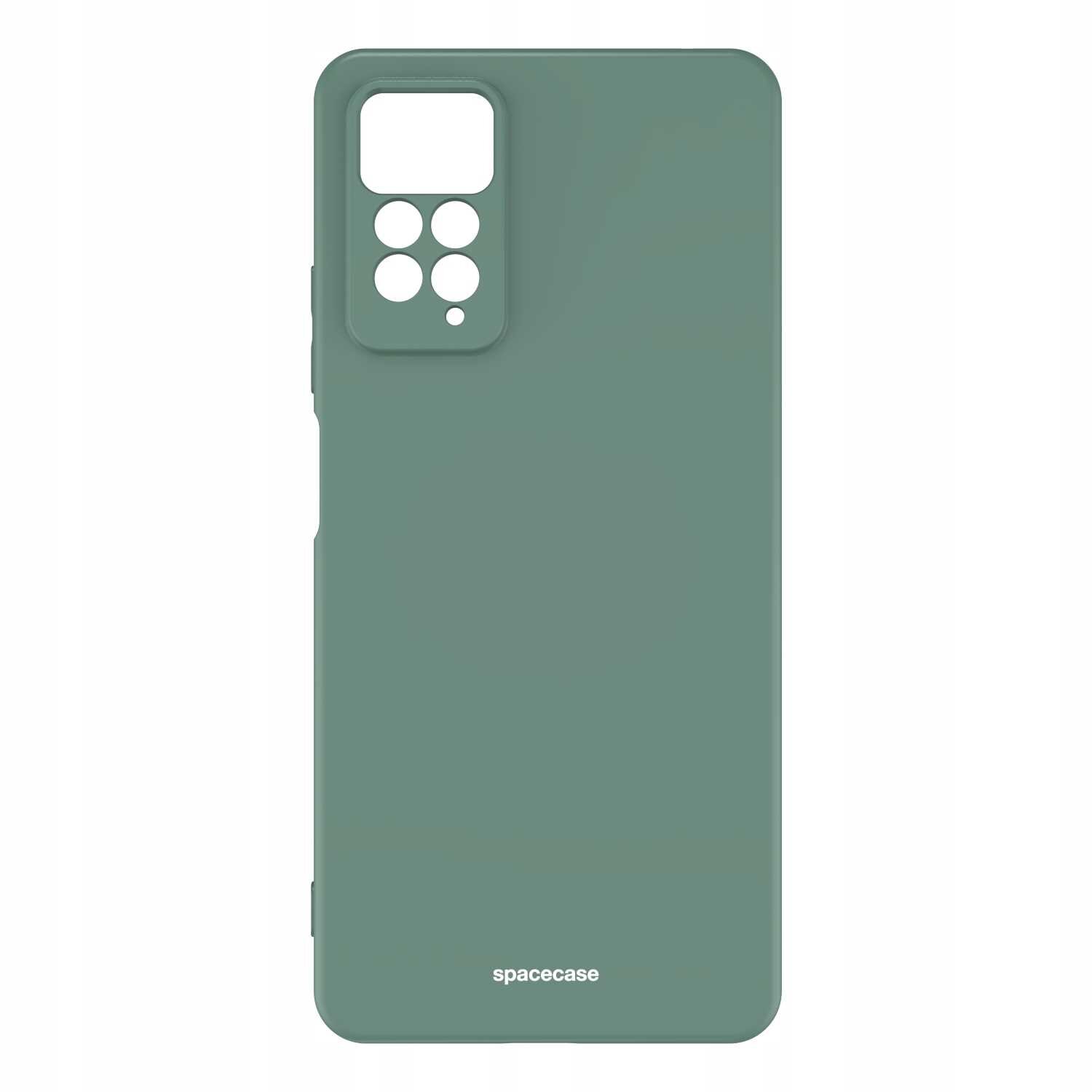 Zielone silikonowe etui z wycięciami na aparat i logo \'spacecase\' na dole.