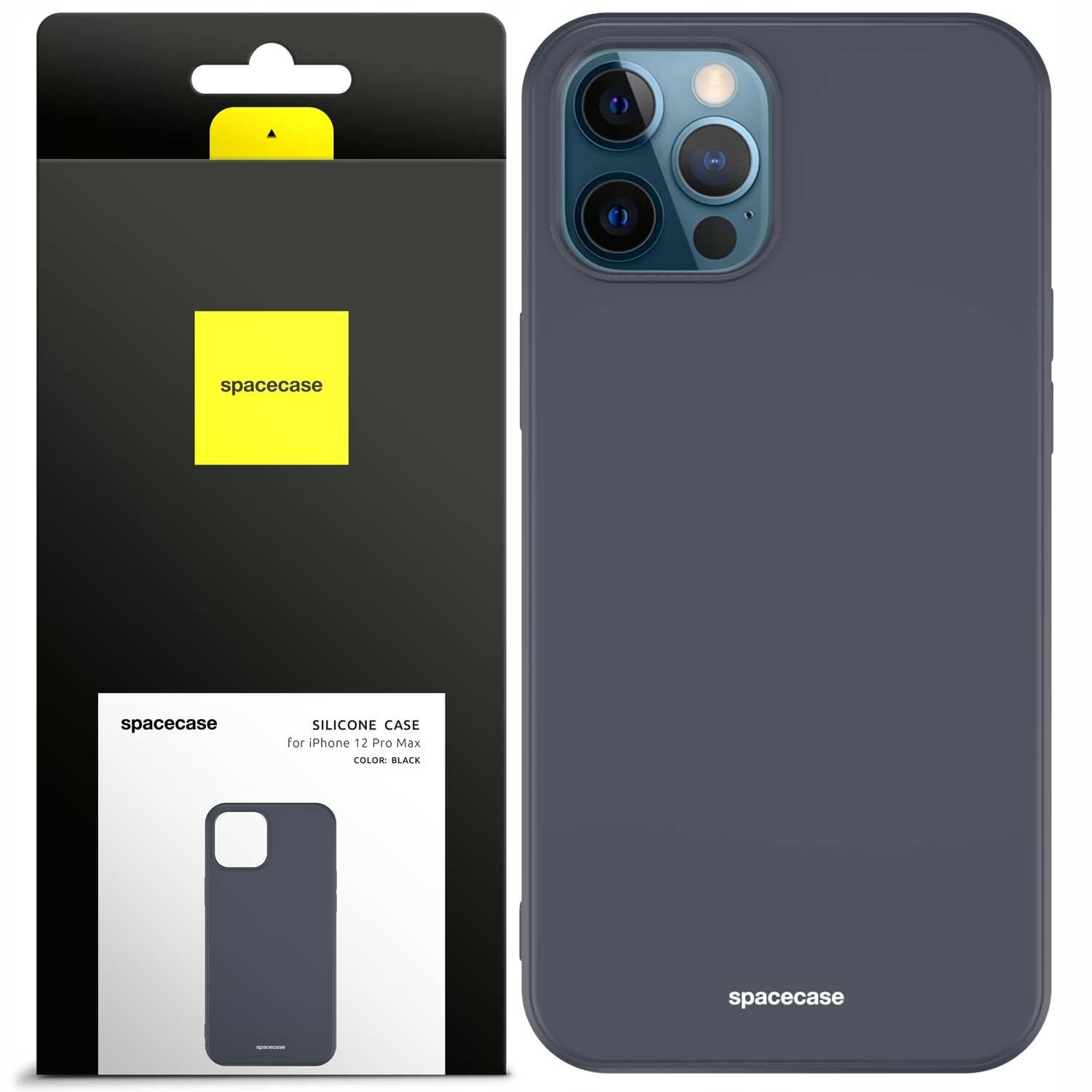 Obraz przedstawia czarne silikonowe etui na telefon z trzema wycięciami na aparaty. Opakowanie produktu ma żółty kwadrat z napisem \'spacecase\' oraz informację \'SILICONE CASE for iPhone 12 Pro Max COLOR: BLACK\'.