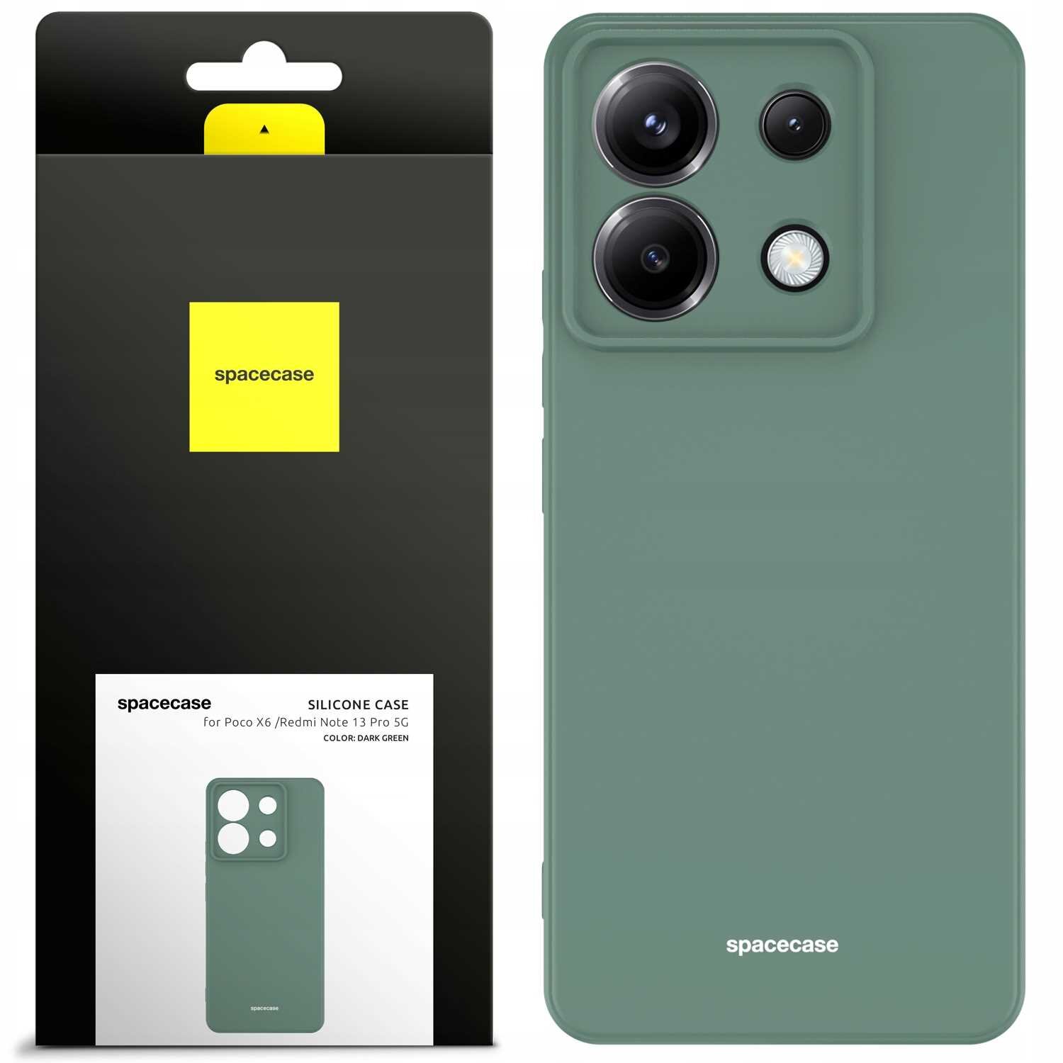 Zielone silikonowe etui na telefon z trzema otworami na aparaty. Opakowanie z logo \'spacecase\' i napisem \'SILICONE CASE for Poco X6 / Redmi Note 13 Pro 5G COLOR: DARK GREEN\'.