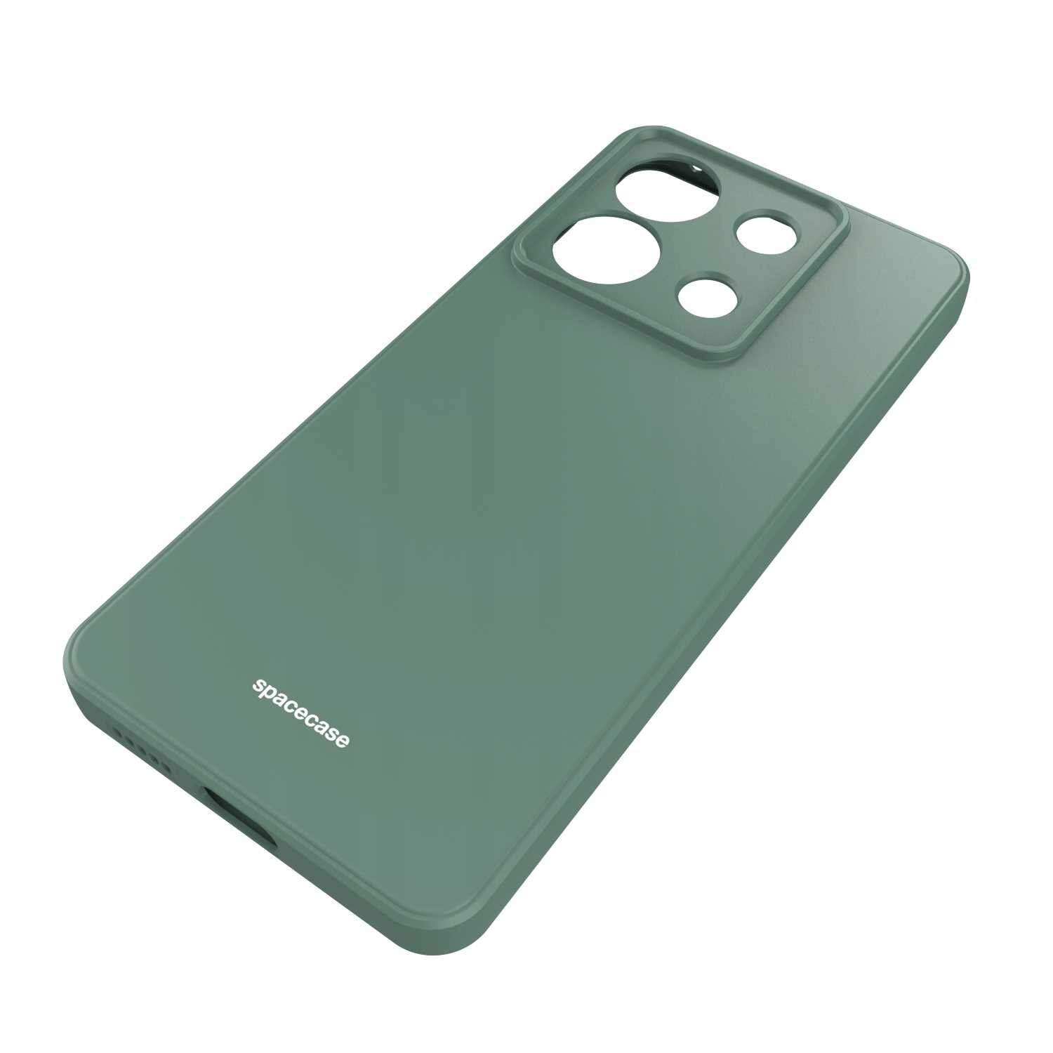 Zielone silikonowe etui z wycięciami na aparat i logo \'spacecase\' na dole. Etui ma gładką powierzchnię i jest przeznaczone do telefonu.