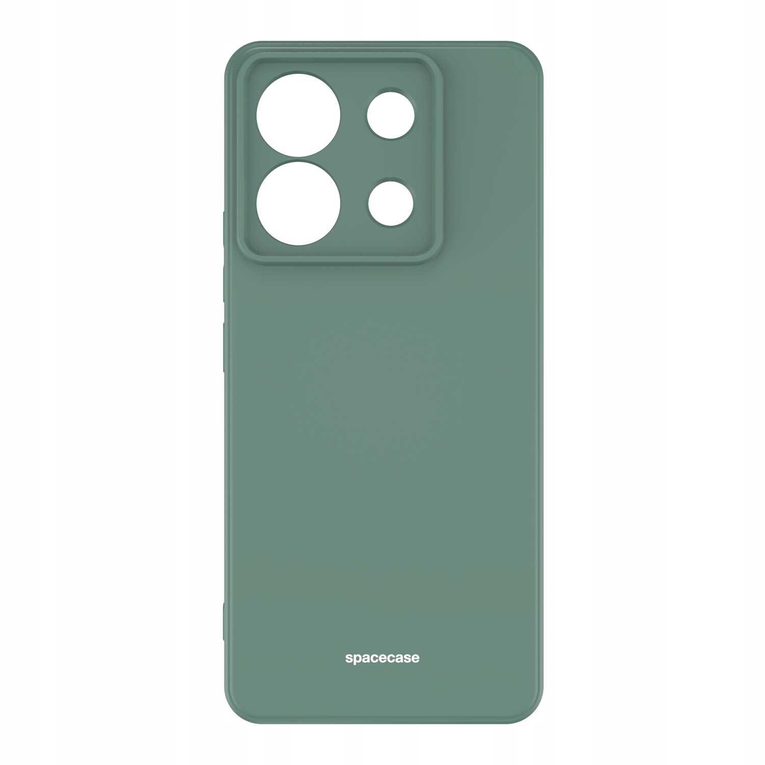 Zielone silikonowe etui z wycięciami na aparat i logo \'spacecase\' na dole.