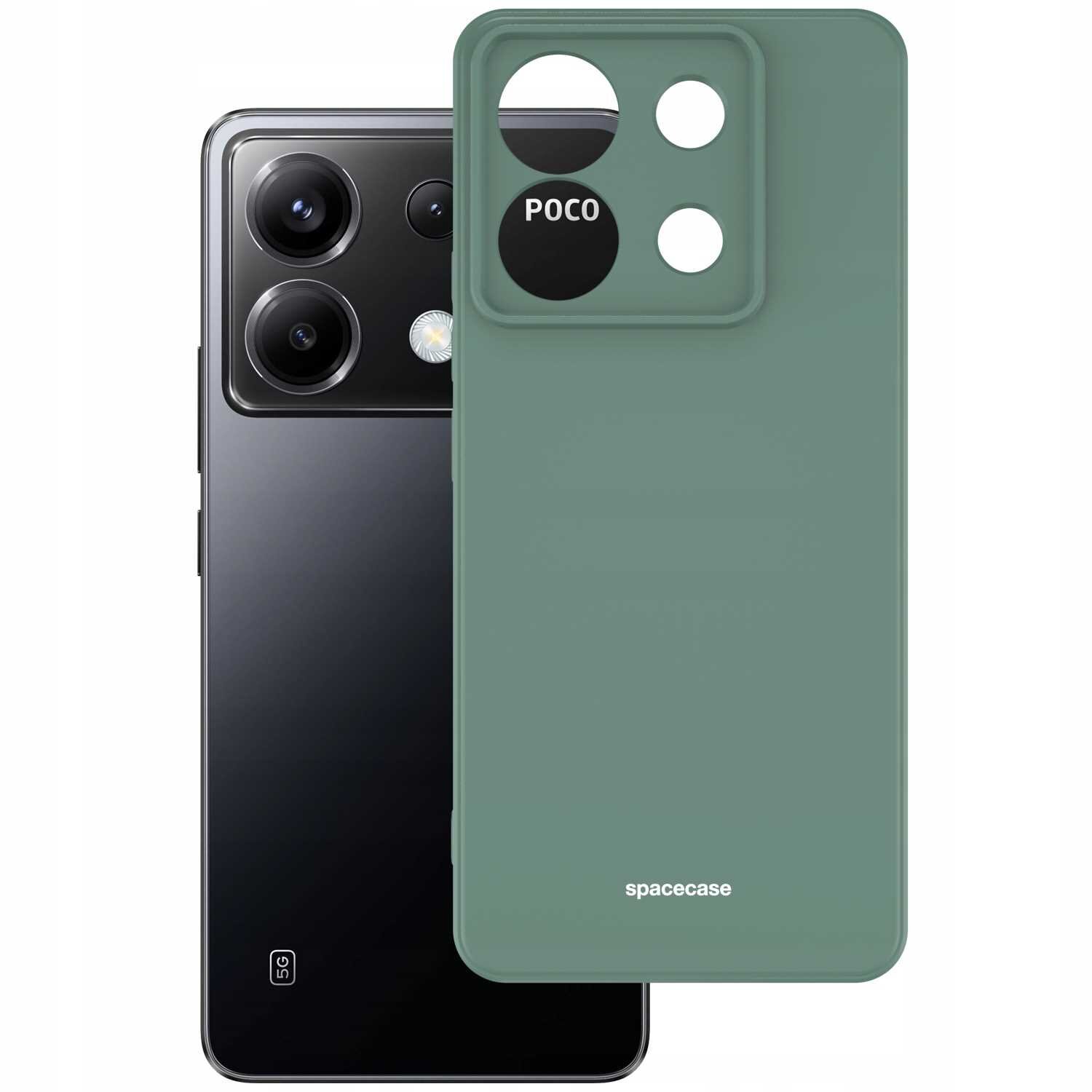 Obraz przedstawia zielone silikonowe etui z trzema otworami na aparat, obok czarnego telefonu z trzema obiektywami. Na etui widoczne są napisy \'POCO\' i \'spacecase\'.
