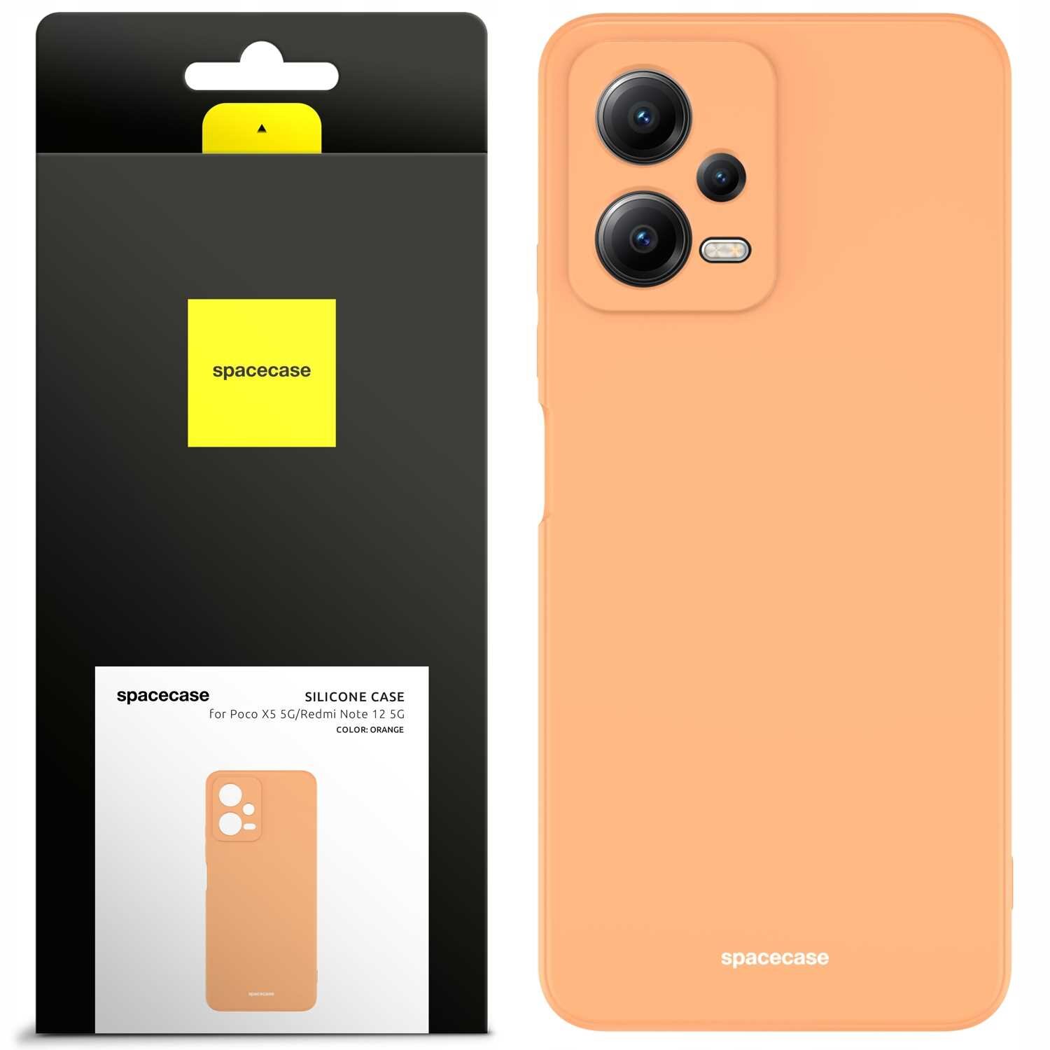 Obraz przedstawia pomarańczowe silikonowe etui na telefon z trzema otworami na aparaty. Opakowanie z logo \'spacecase\' zawiera napis \'SILICONE CASE for Poco X5 5G/Redmi Note 12 5G COLOR: ORANGE\'.