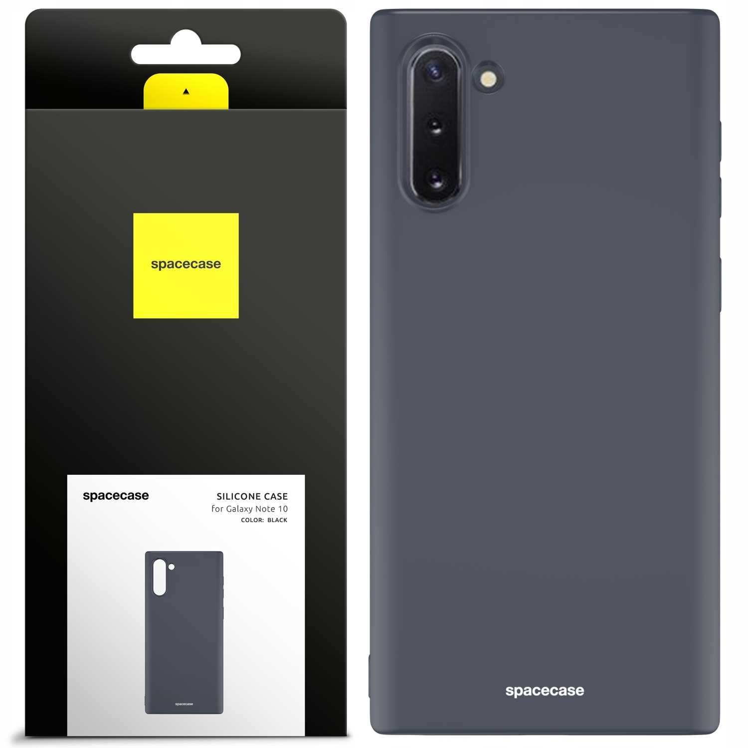 Czarne silikonowe etui na telefon z trzema wycięciami na aparat i logo \'spacecase\'. Opakowanie produktu jest czarne z żółtym logo \'spacecase\' i zawiera zdjęcie etui oraz napis \'SILICONE CASE for Galaxy Note 10 COLOR: BLACK\'.