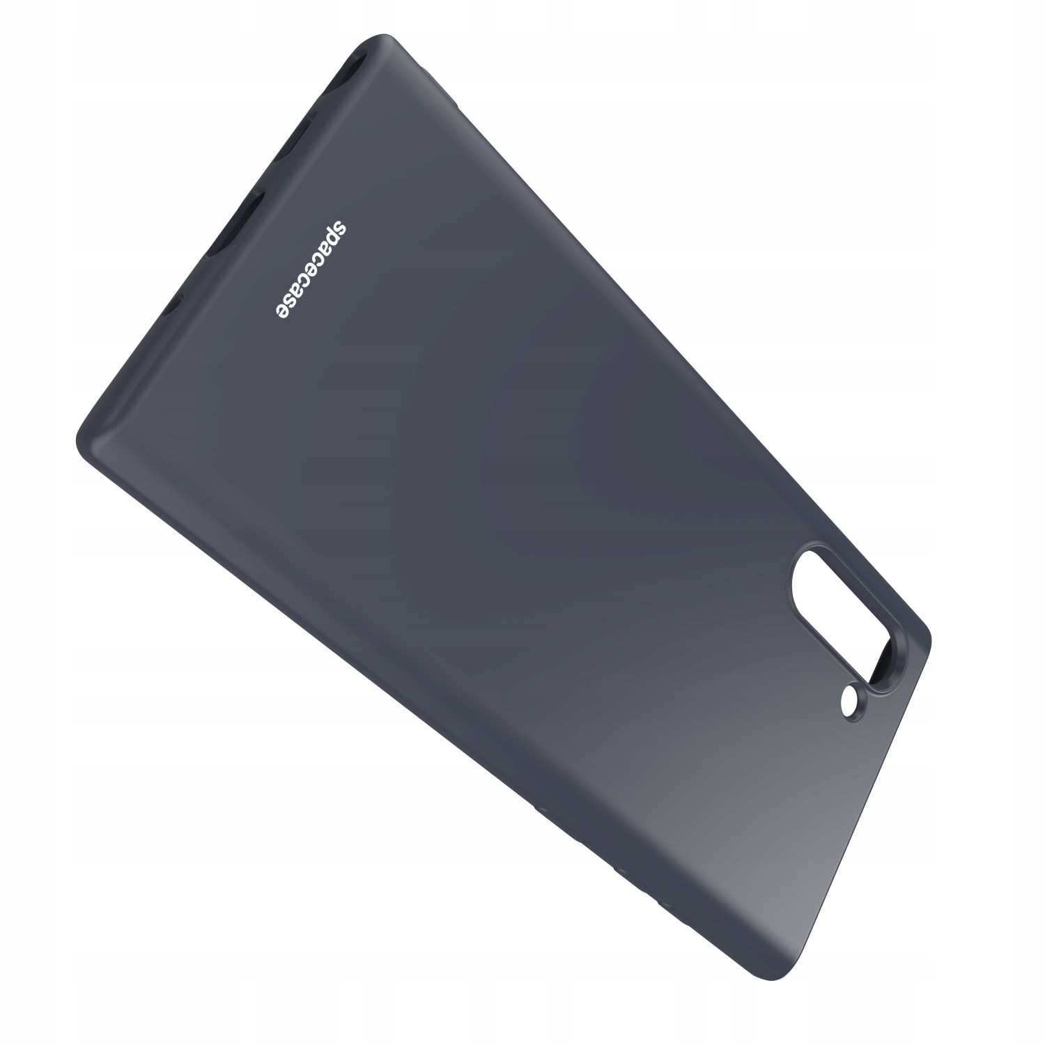 Czarne silikonowe etui z napisem \'SPACECASE\' i wbudowanym pierścieniem na tylnej części. Etui posiada wycięcia na aparat i inne elementy telefonu.