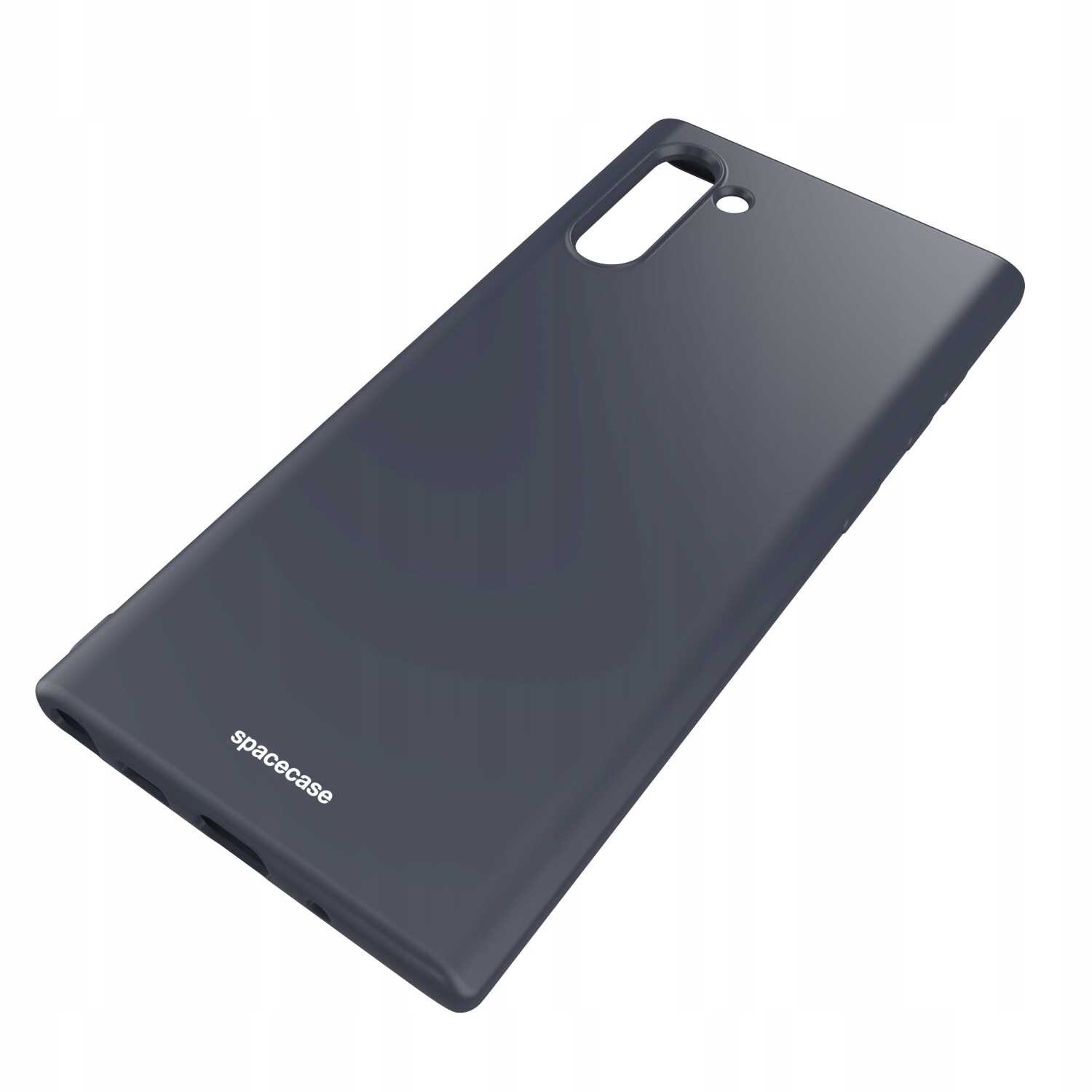 Czarne silikonowe etui z pierścieniem na tylnej stronie, przeznaczone do Galaxy Note 10. Na etui widoczne jest logo \'spacecase\'.