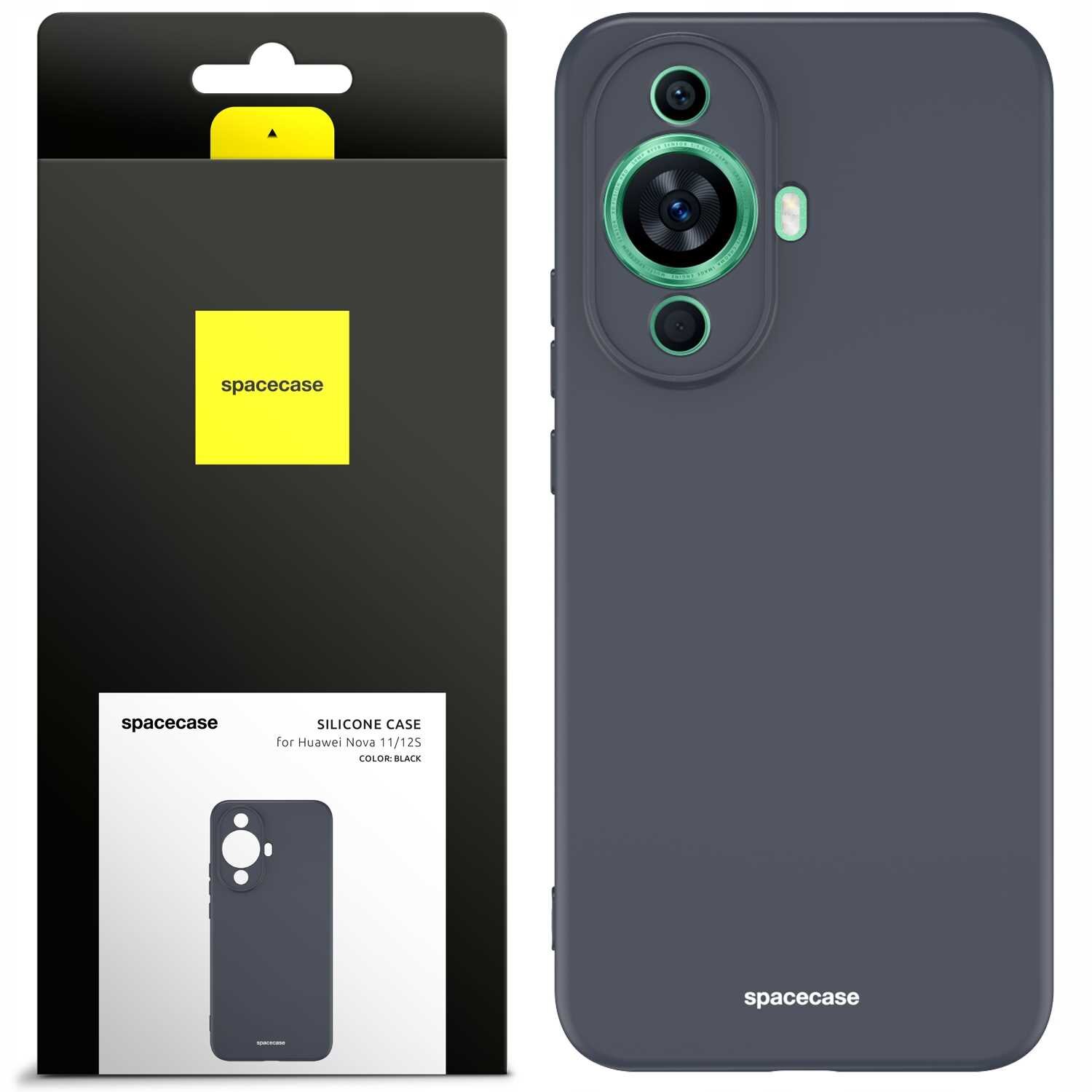 Czarne silikonowe etui SPACECASE do Huawei Nova 11/12S jest przedstawione obok opakowania z logo \'spacecase\'. Na opakowaniu widnieje napis: \'SILICONE CASE for Huawei Nova 11/12S COLOR: BLACK\'.