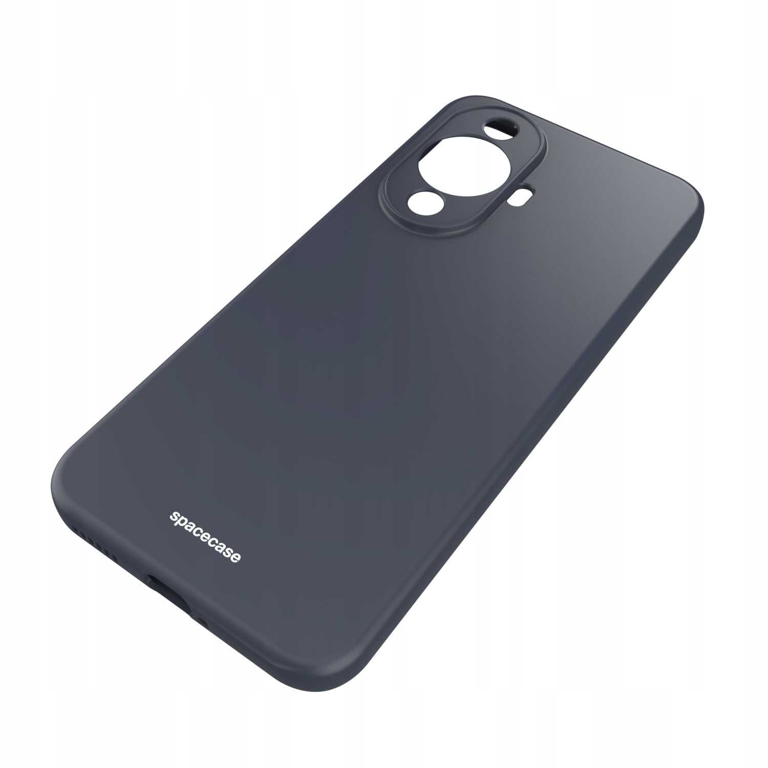 Czarne silikonowe etui z wycięciami na aparat i logo \'spacecase\' na dole.