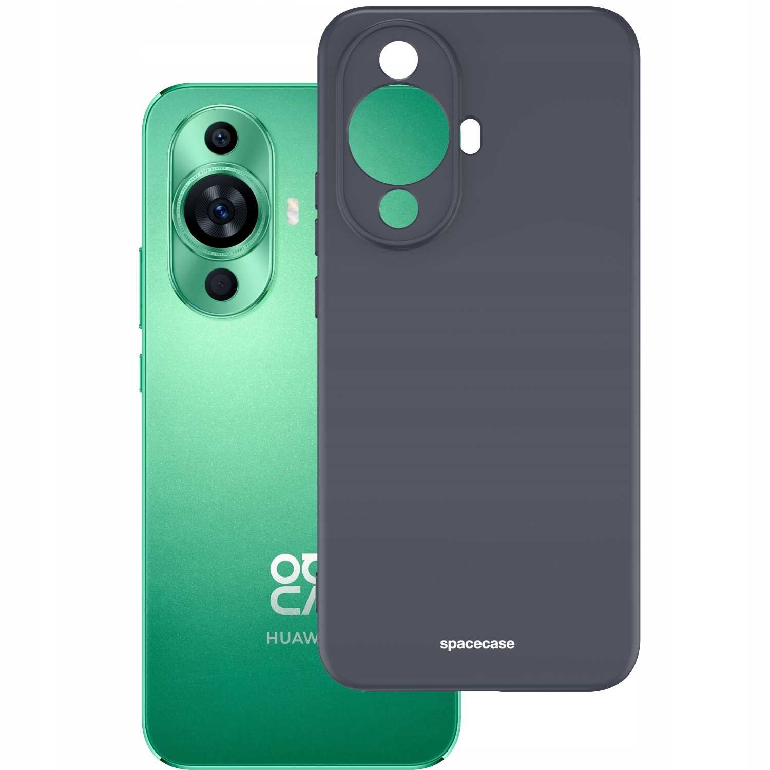 Na obrazie widoczny jest zielony telefon Huawei z trzema obiektywami aparatu oraz czarne silikonowe etui z wycięciami na aparat i logo \'spacecase\'.