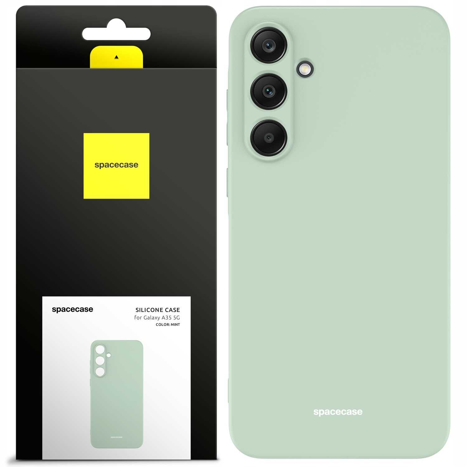 Obraz przedstawia zielone silikonowe etui na telefon z trzema otworami na aparaty. Obok znajduje się opakowanie z logo \'spacecase\' i napisem \'SILICONE CASE for Galaxy A35 5G COLOR: MINT\'.