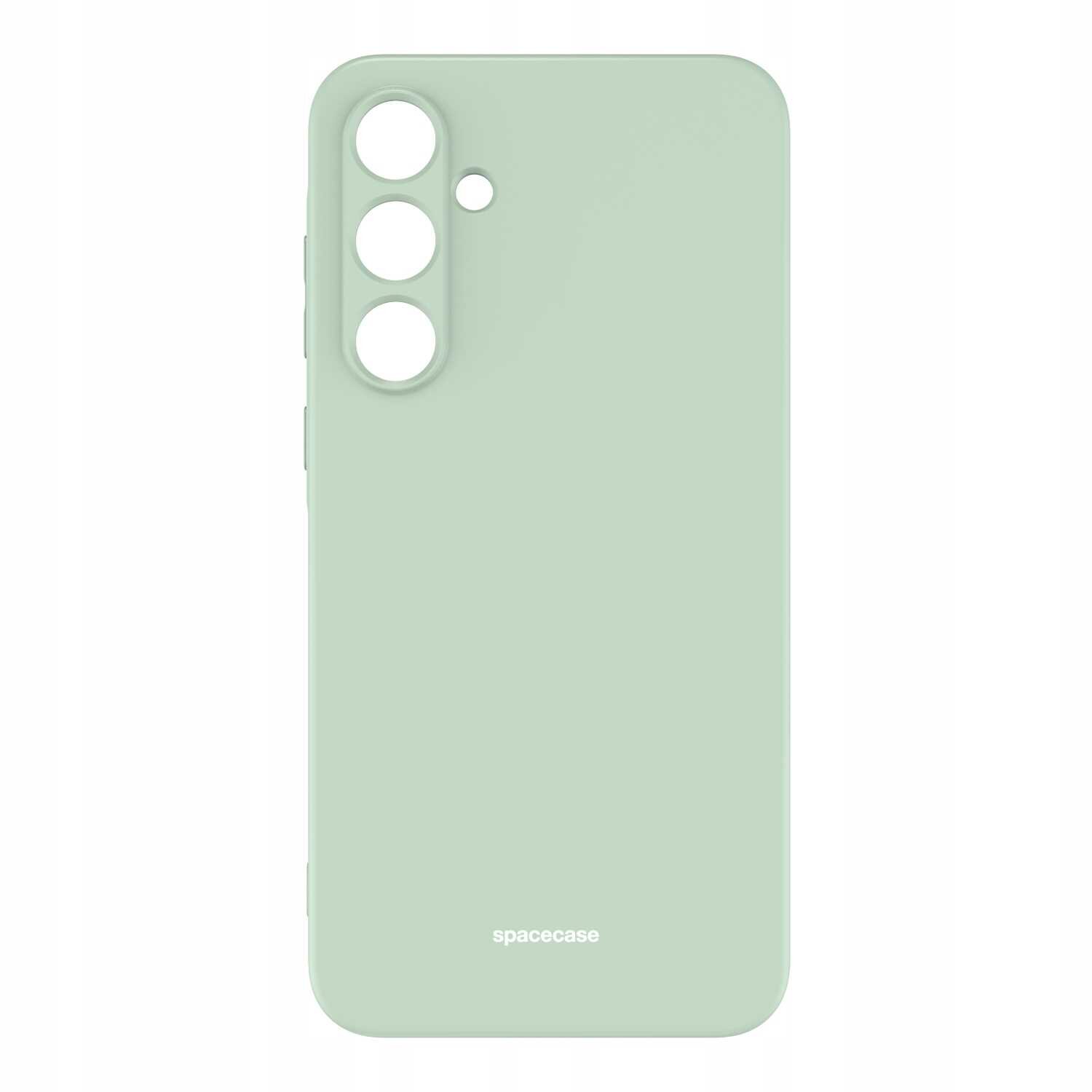 Zielone silikonowe etui z trzema otworami na aparat i napisem \'spacecase\' na dole.