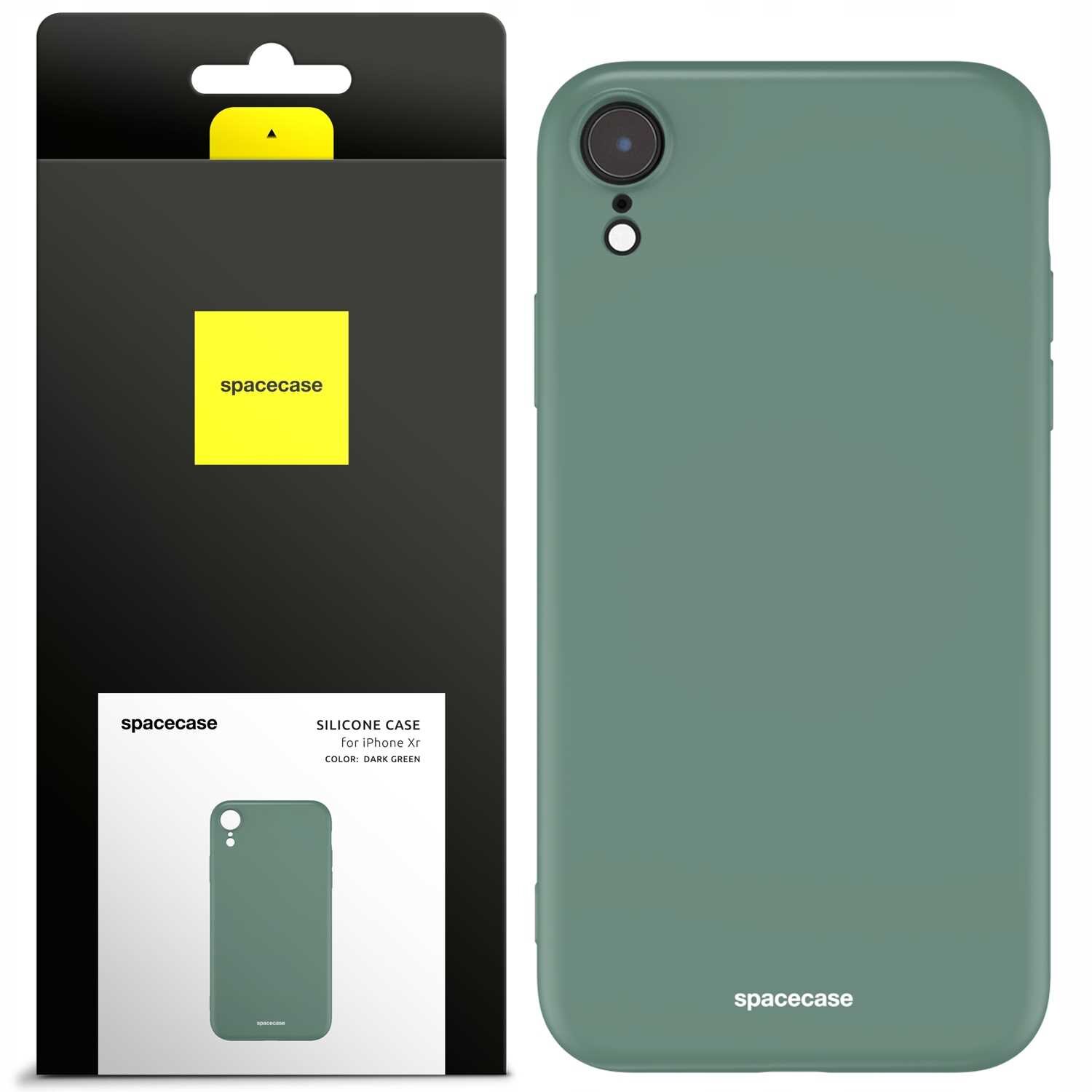 Zielone silikonowe etui na telefon z widocznym logo \'spacecase\'. Opakowanie produktu również zawiera logo \'spacecase\' oraz napis \'SILICONE CASE for iPhone Xr COLOR: DARK GREEN\'.