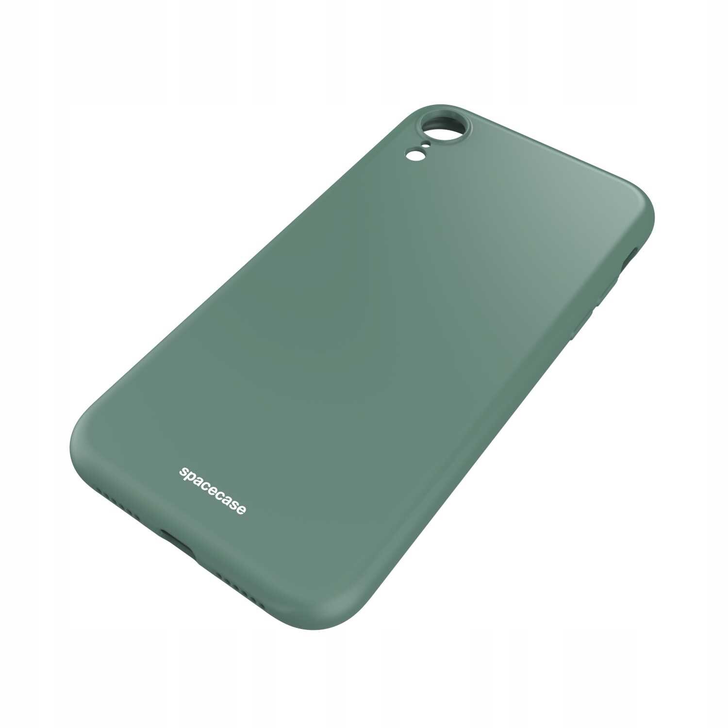 Zielone silikonowe etui na telefon z wycięciem na aparat i napisem \'spacecase\' na dole.