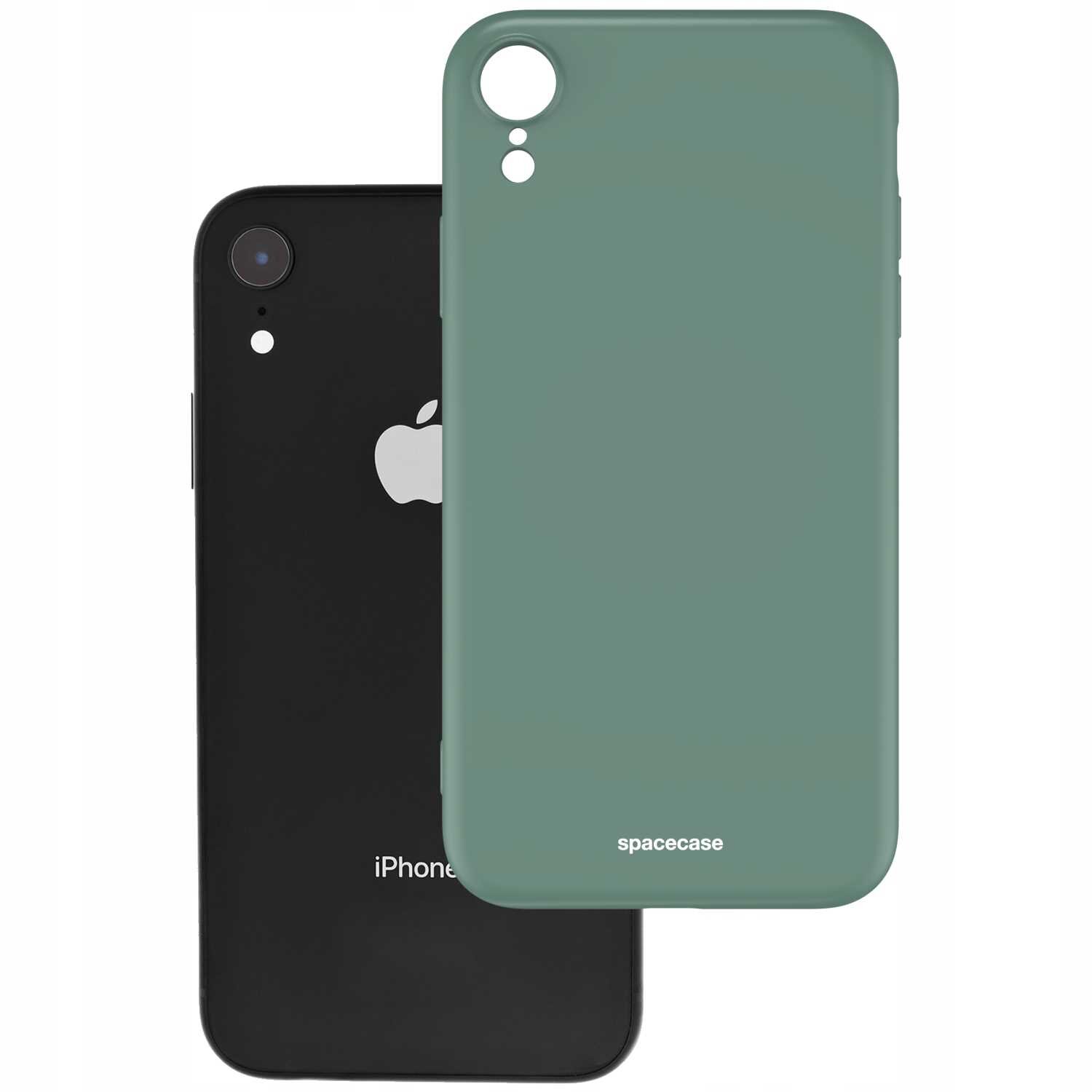 Na obrazie widoczne jest zielone silikonowe etui z napisem \'spacecase\', obok czarnego telefonu z logo w kształcie nadgryzionego jabłka.