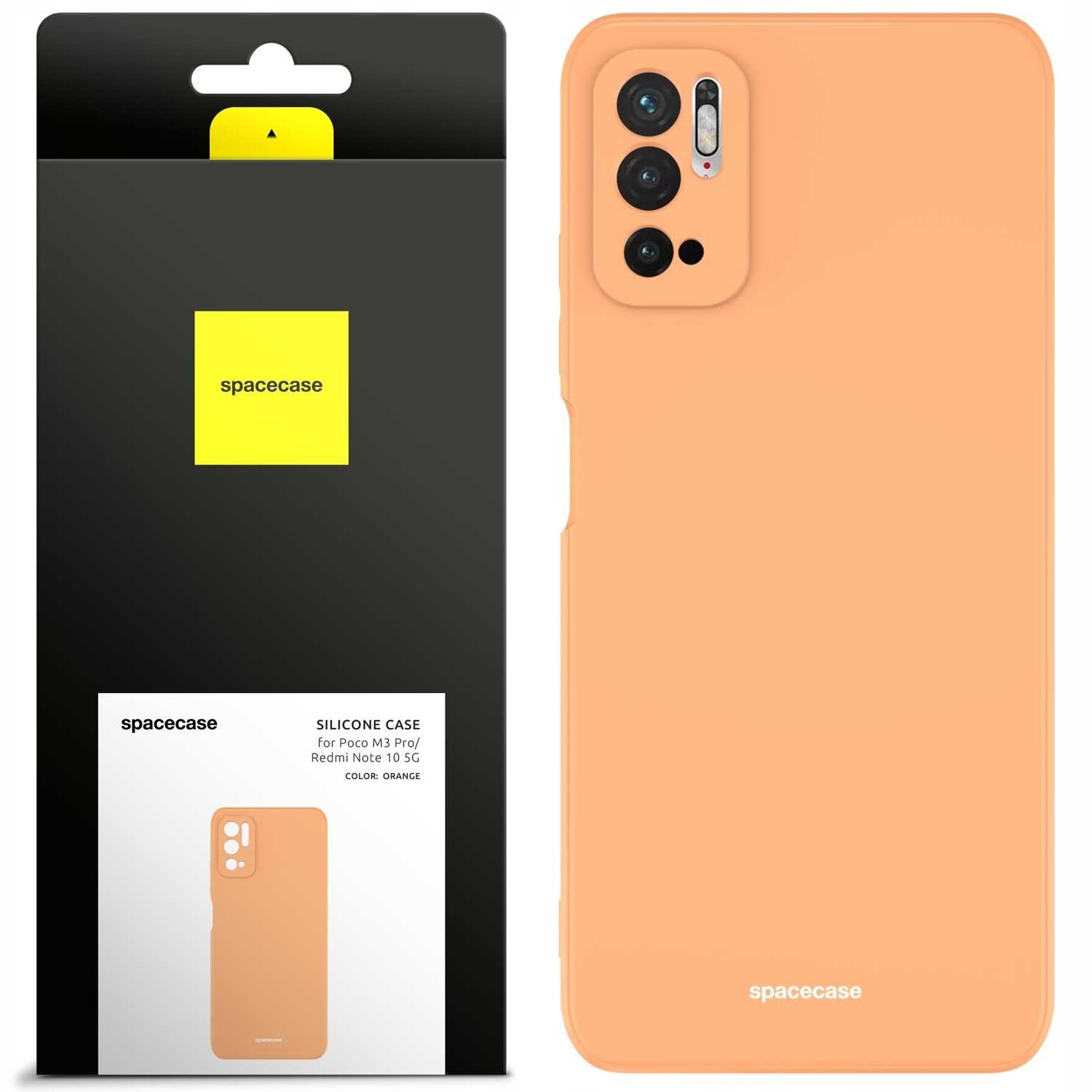 Obraz przedstawia pomarańczowe silikonowe etui na telefon z trzema otworami na aparaty. Obok znajduje się opakowanie z logo \'spacecase\' i opisem produktu: \'SILICONE CASE For Poco M3 Pro/Redmi Note 10 5G COLOR: ORANGE\'.