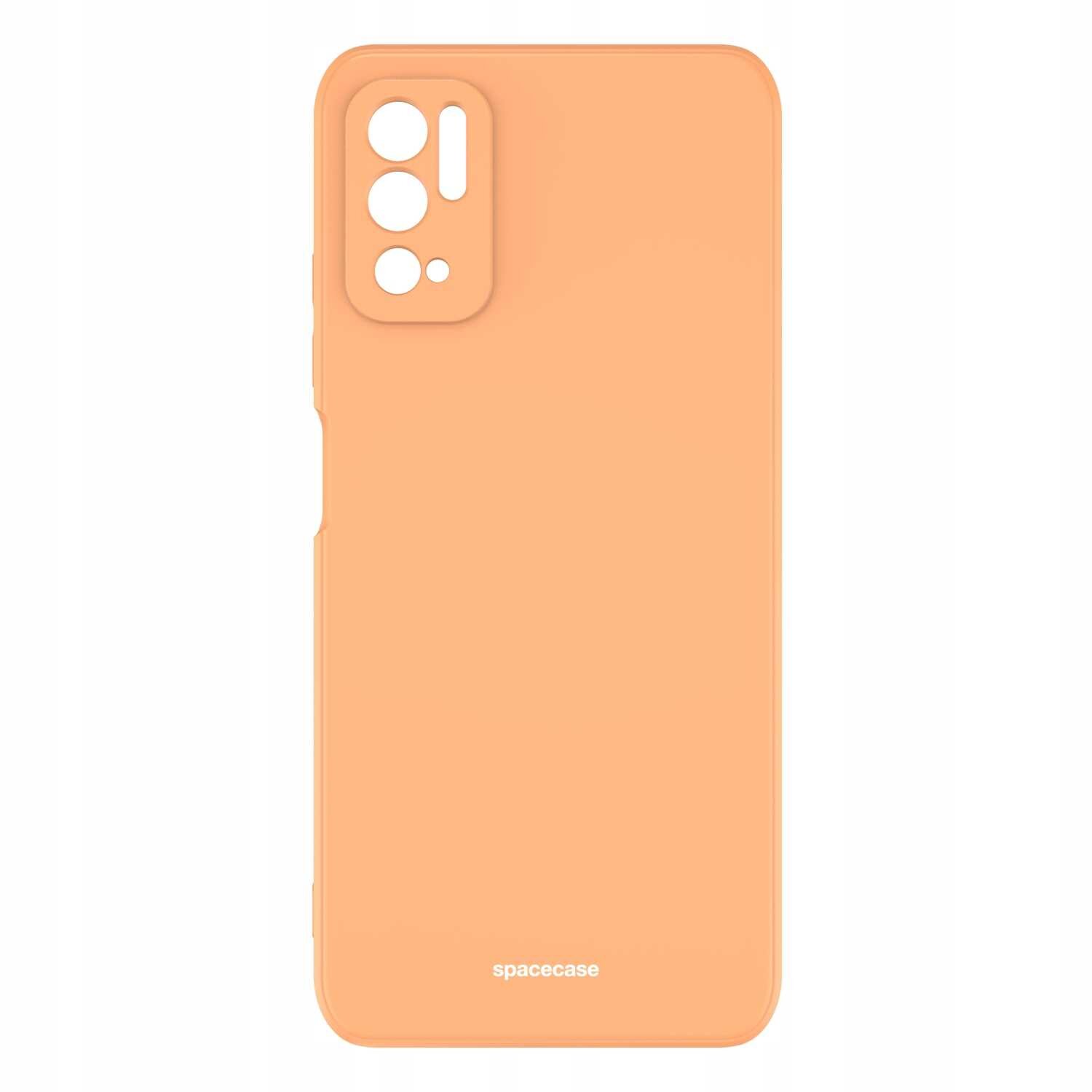 Pomarańczowe silikonowe etui z wycięciami na aparat i logo \'spacecase\' na dole.