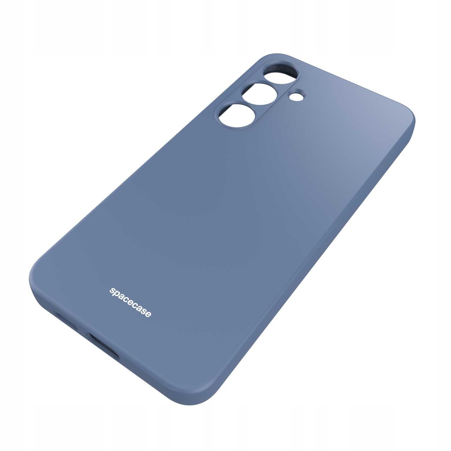 Niebieskie silikonowe etui z wycięciami na aparat i logo \'spacecase\' na dole.