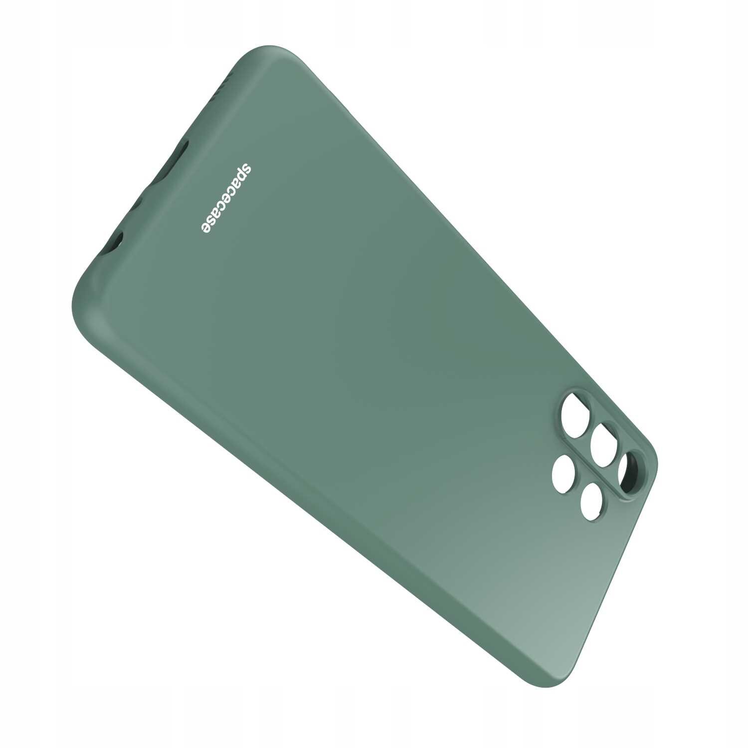 Zielone silikonowe etui z wycięciami na aparat i logo \'SPACECASE\'.