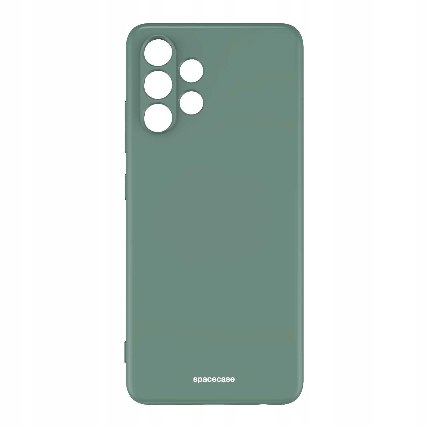 Zielone silikonowe etui z wycięciami na aparat i logo \'spacecase\' na dole.