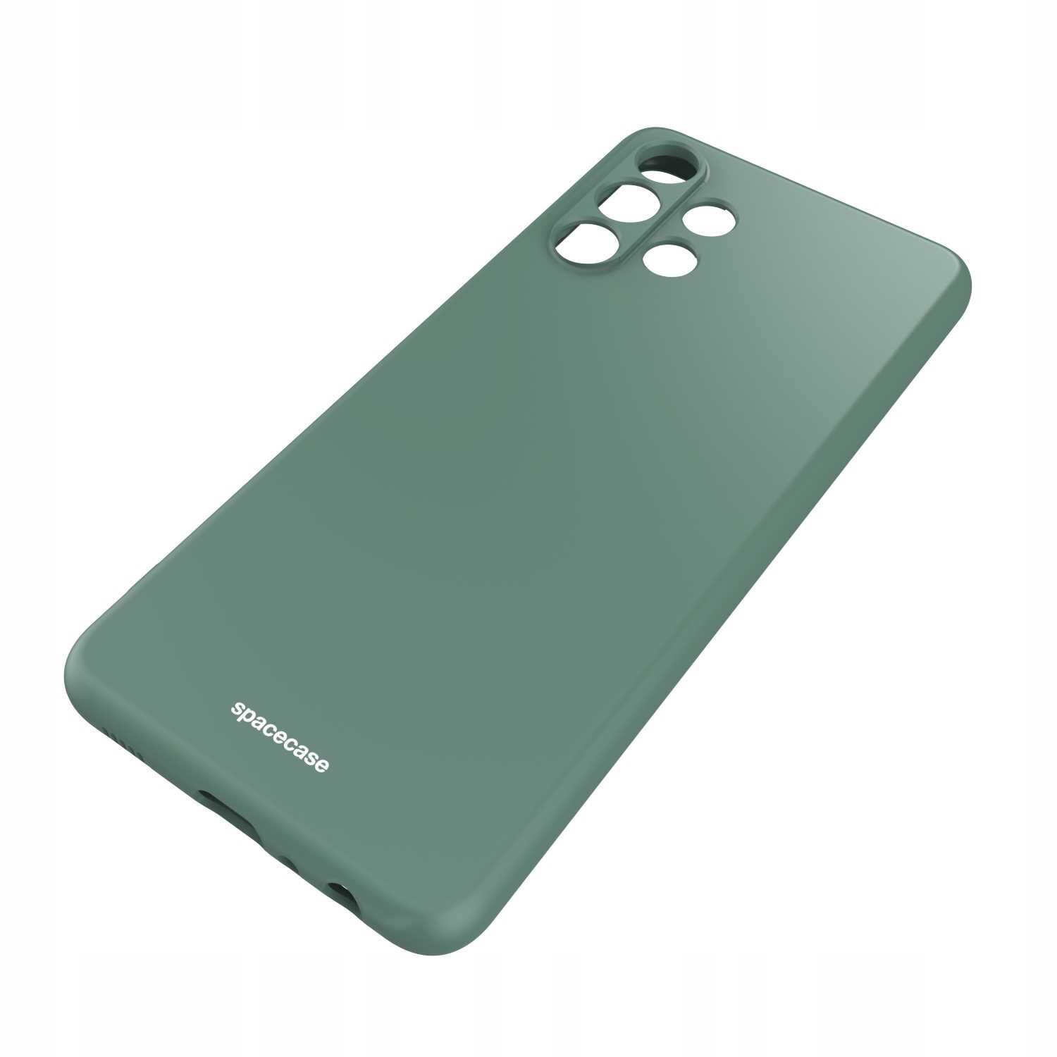 Zielone silikonowe etui z wycięciami na aparat i logo \'spacecase\' na dole.